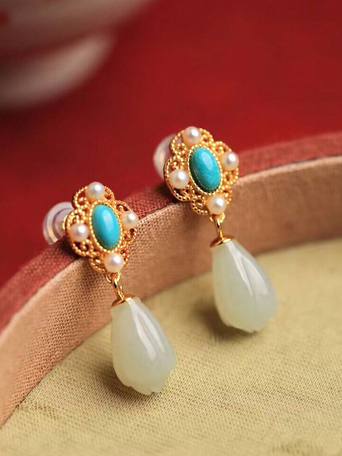 1pair Green Turquoise Stone Tassel Earrings, Women'S Long Style, Simple Geometric Half-Circle Square Ear Jewelry Decorated With Ginkgo Pearl Stud Earrings, Suitable For Daily Wear, Gift For Girlfriend/Valentine'S Day--1