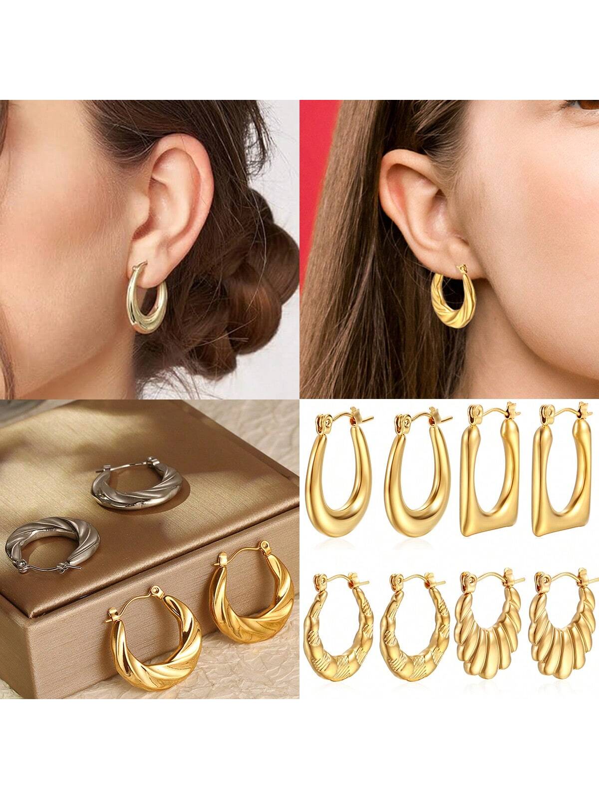 Unique Chunky Hoop Earrings With Geometric Pattern Stainless Steel 18K Gold Plated Jewelry Vintage Elegant Style Female Party Earrings--1