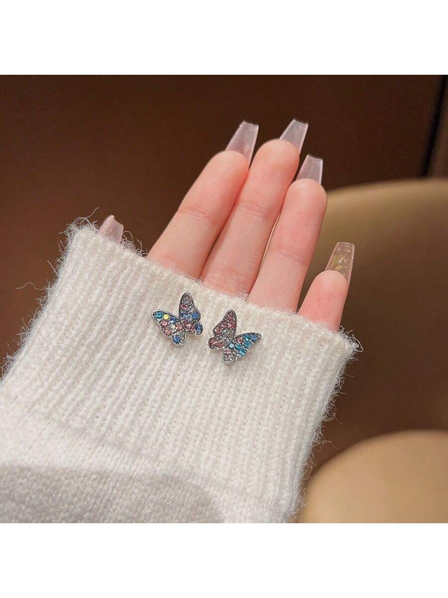 Simple Yet Elegant Butterfly Design Rhinestone Ear Studs For Women'S Commuting Look, Wholesale-Blue-1