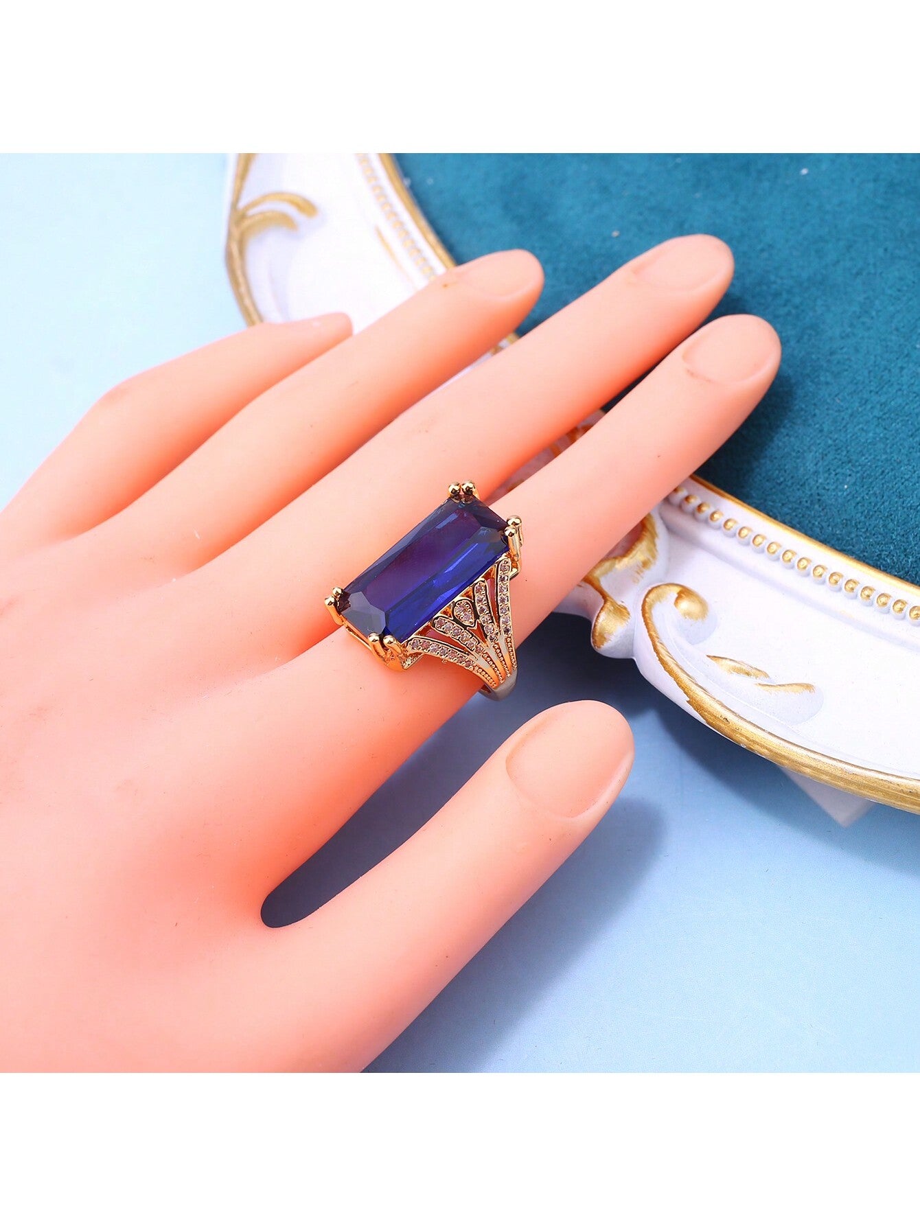 1pc Adjustable Gold Plated Copper & Zirconia Ring Style Luxury Wedding Jewelry High-End Bridal Gift-Royal Blue-1