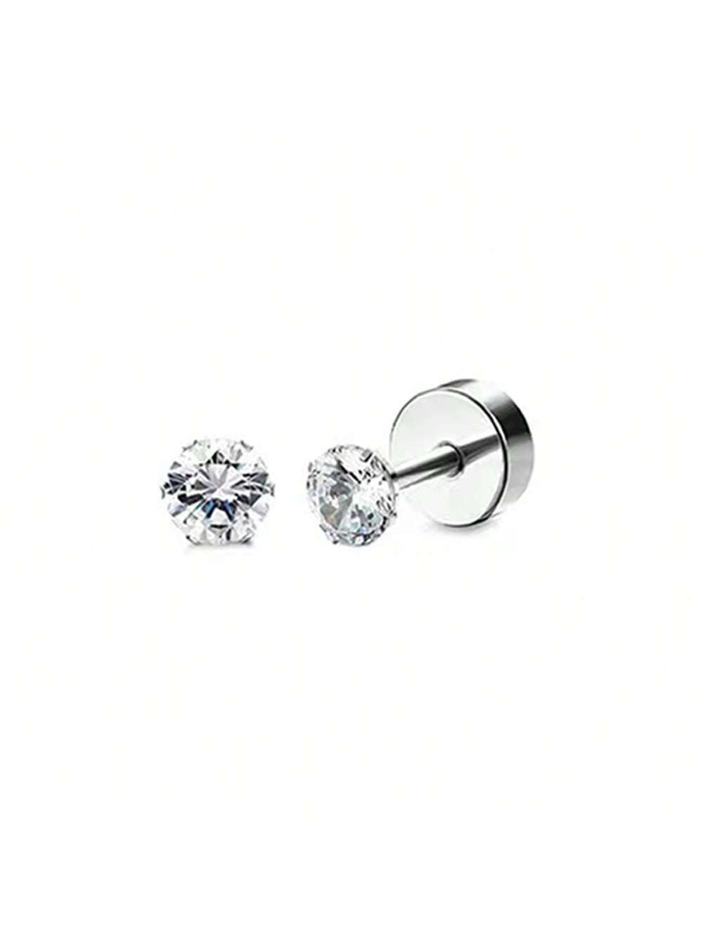 1pair Silver Stainless Steel Four Claw Set Cubic Zirconia Stud Earrings-Silver-1