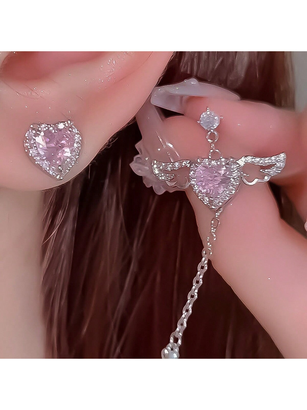 2pcs Stylish Simple Wing & Heart Shape Rhinestone Stud Earrings For Women, Great For Dating, Party, Daily Wear And Festival Gift-Multicolor-1