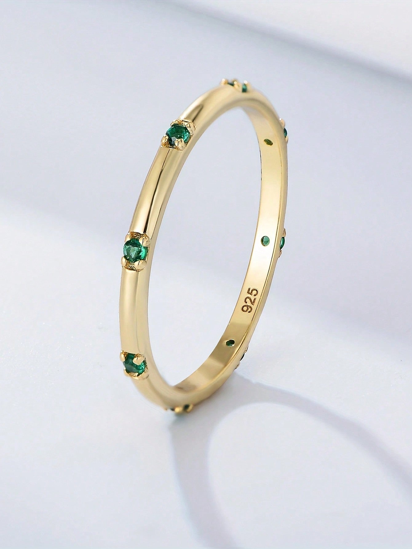 Women's Sterling Silver Simple Round Geometric 14k Gold Tri-Color Ring-Green-1