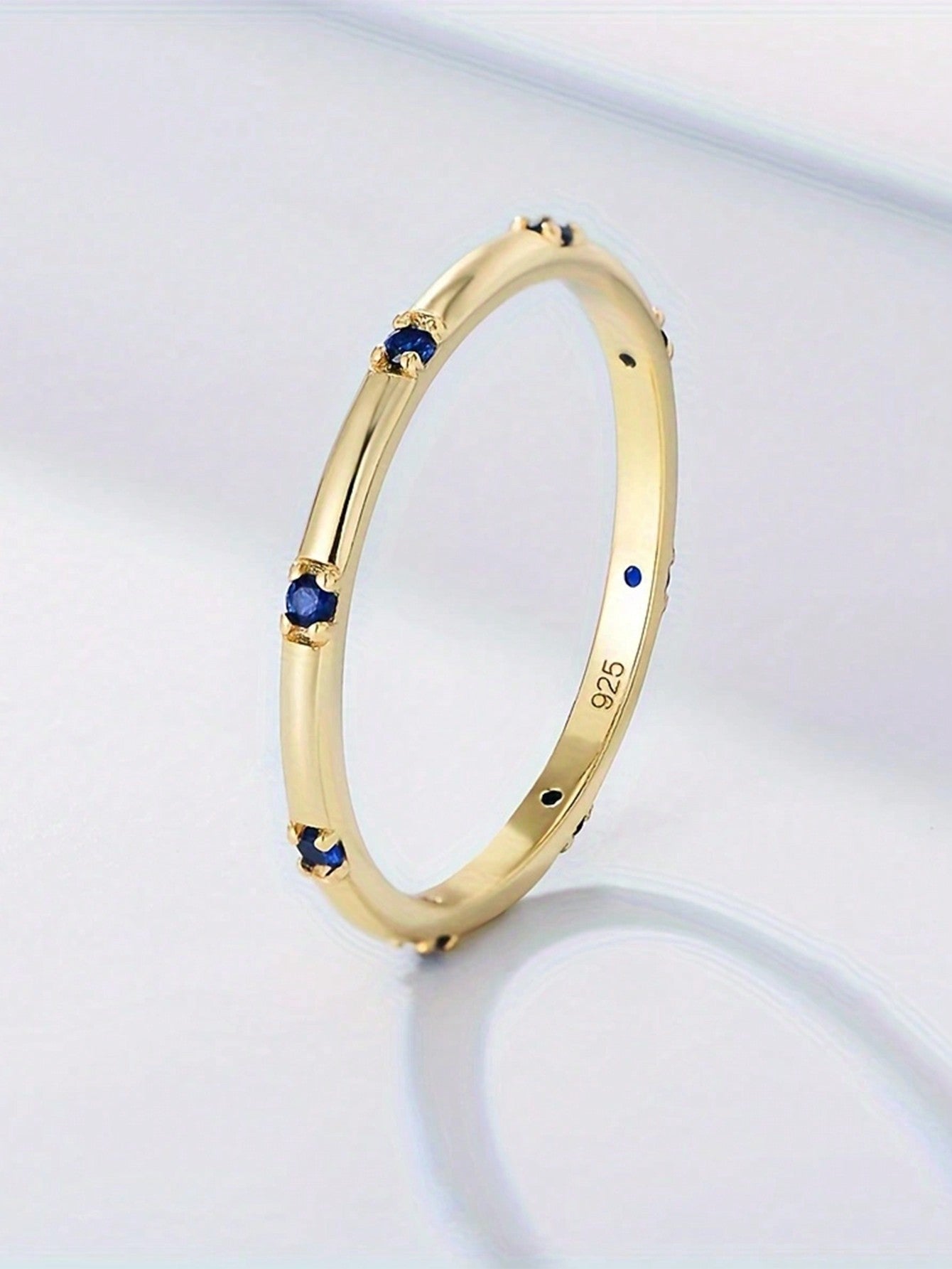 Women's 925 Sterling Silver & 14k Gold Simple Three-Color Geometric Round Ring-Blue-1