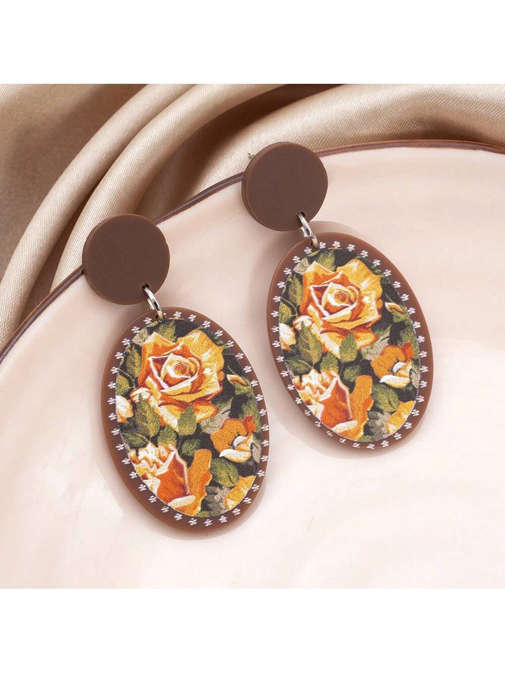 1pair Valentine's Day Rose Flower Earrings, Fresh & Vintage Geometric Ellipse Shaped Acrylic Drop Earrings & Floral Stud Earrings For Women-Brown-1