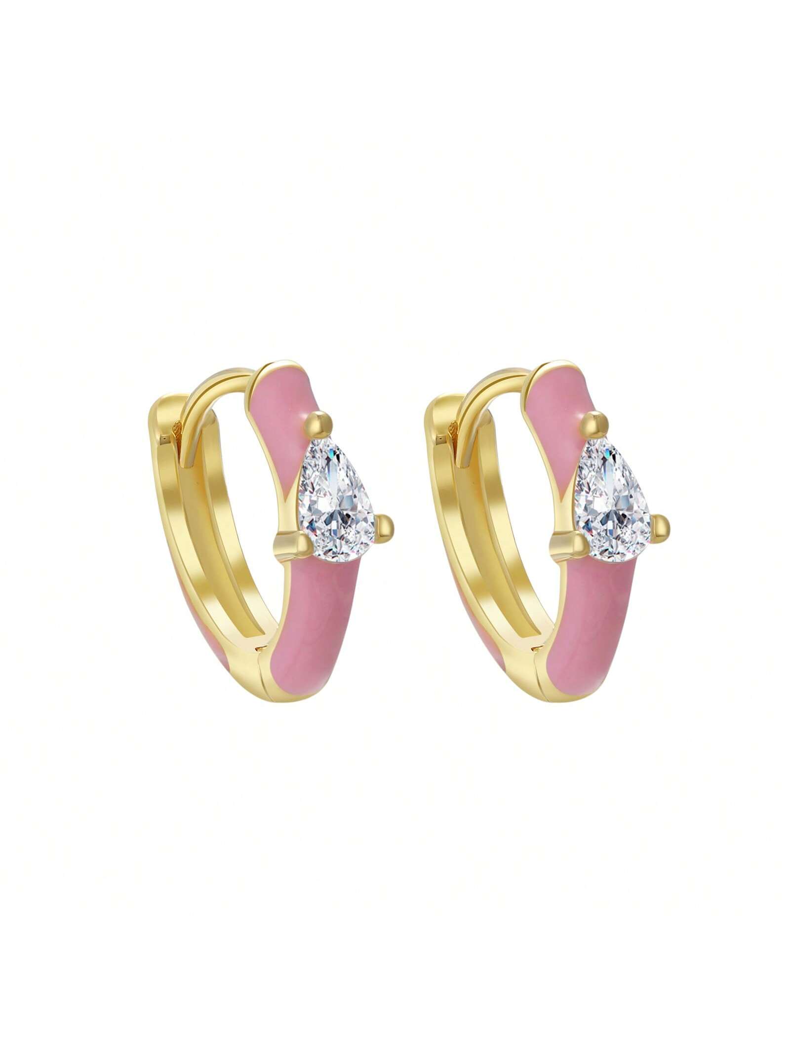 Women's Earrings 18k Gold-Plated Sterling Silver Enamel Cubic Zirconia Hoop Earrings Pink Enamel Jewelry For Girlfriends And Young Girls-Gold-1