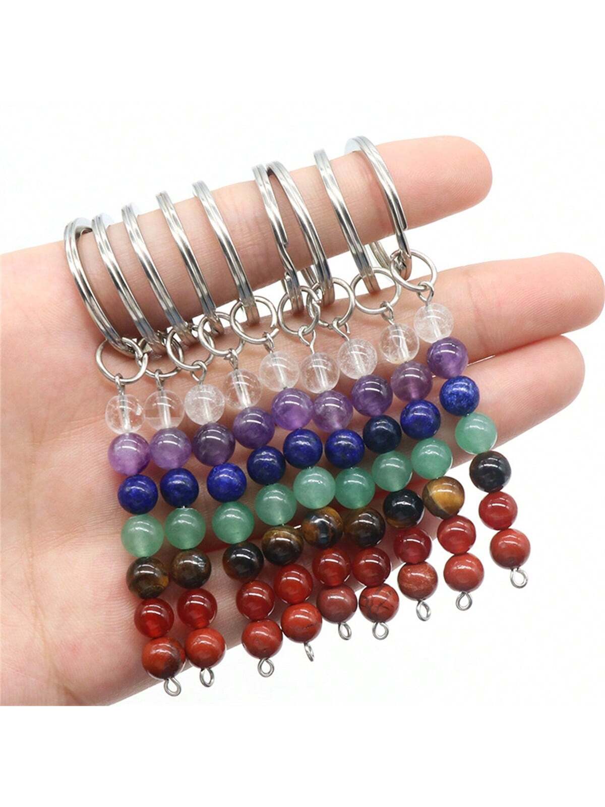 Natural Crystal & Rainbow Stone Beads Metal Keychain Pendant Diy Jewelry Making Accessory For Bag--1