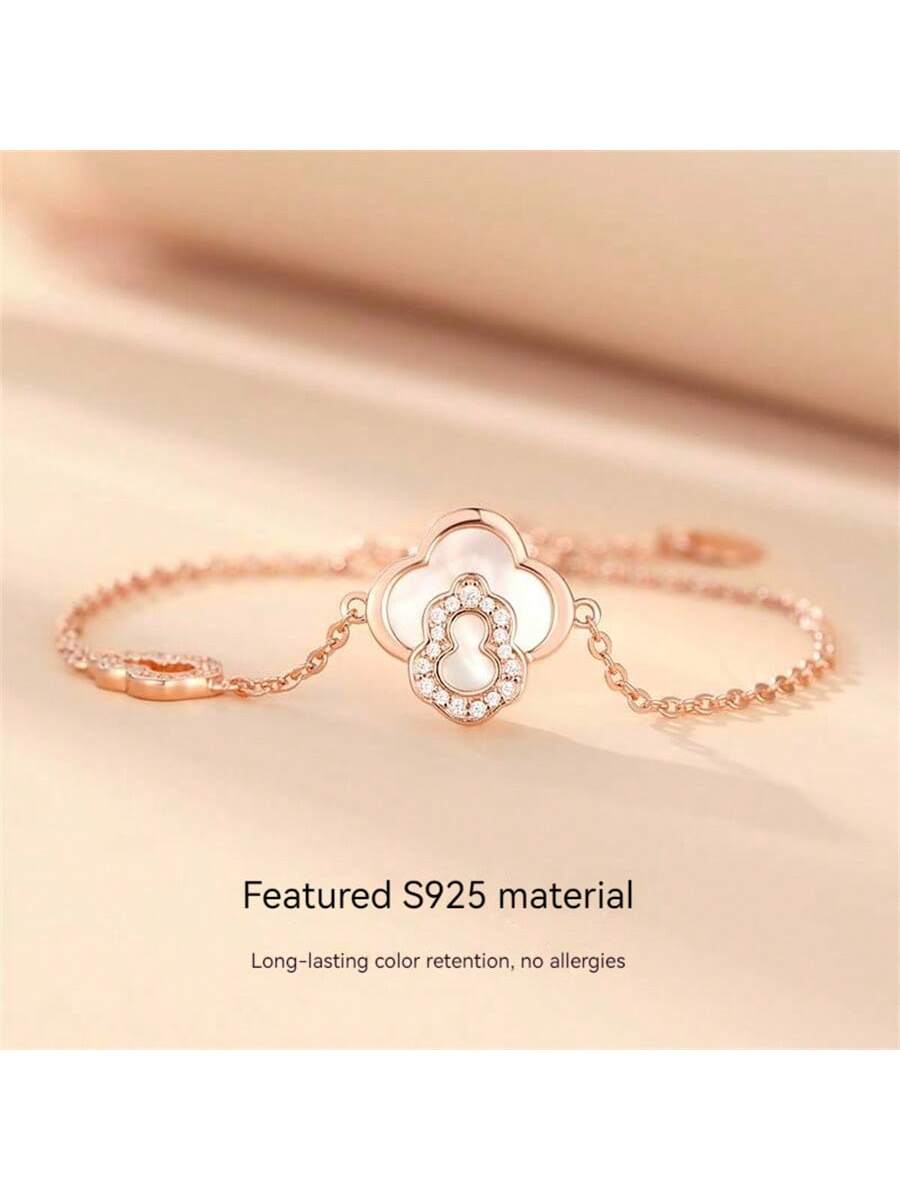 1PC Four Leaf Clover Gourd Bracelet Women's Versatile S925 Sterling Silver Small And High End Jewelry Peacock Stone Jewelry-White-1