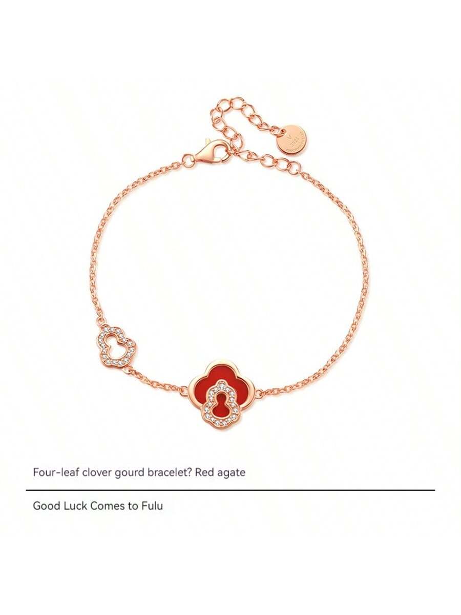 1PC Four Leaf Clover Gourd Bracelet Women's Versatile S925 Sterling Silver Small And High End Jewelry Peacock Stone Jewelry-Red-1