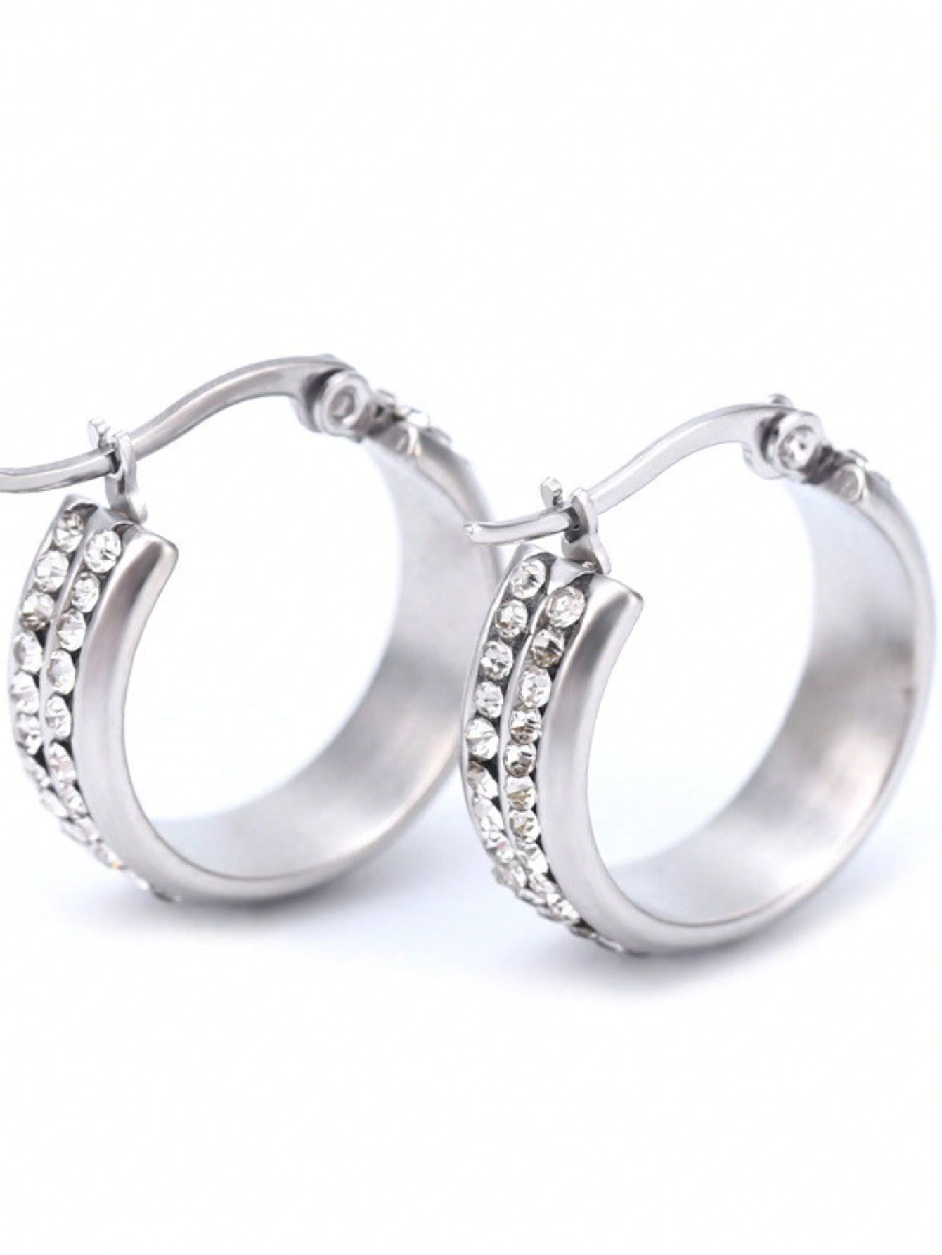 2pcs/Set Fashionable Double-Row Zirconia Stainless Steel Silver Earrings For Women Wedding & Festival-Silver-1