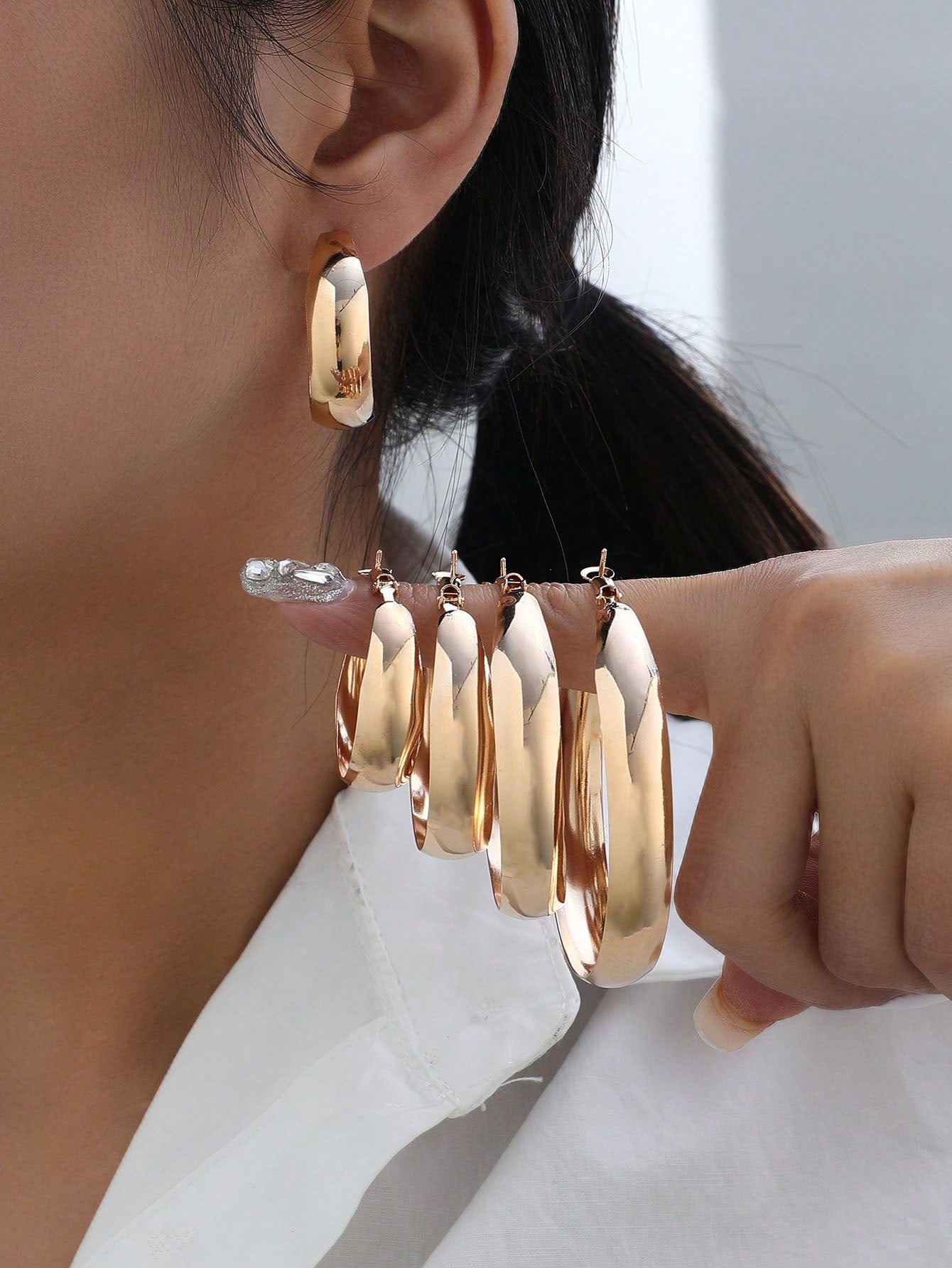 4pairs Fashionable Metallic Big Circle Earrings Suitable For Women's Daily Wear-Yellow Gold-1