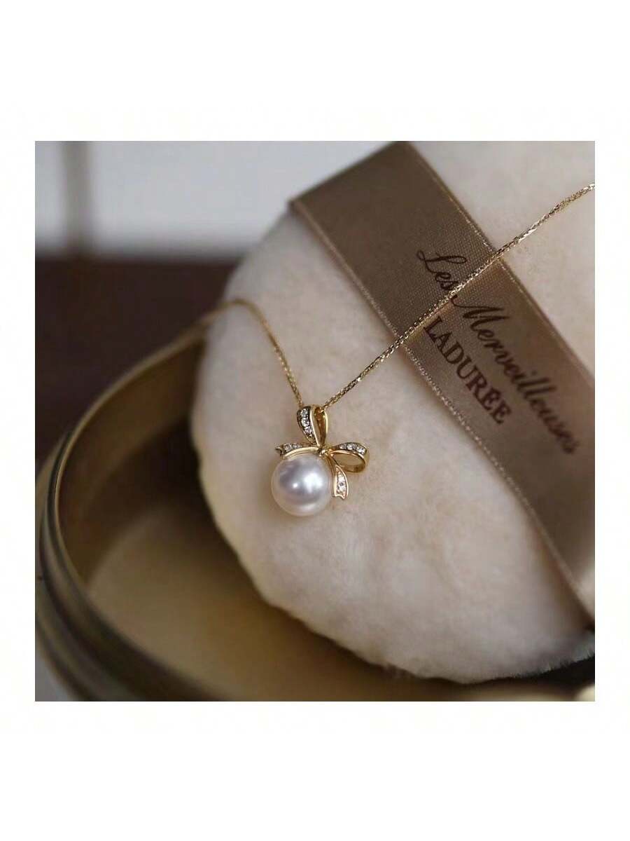 S925 Sterling Silver Plated Gold Necklace For Women, With Chic Design, Pearl, Rhinestone & Bow-Knot Pendant, Perfect For Daily Wear And Gift Giving--1