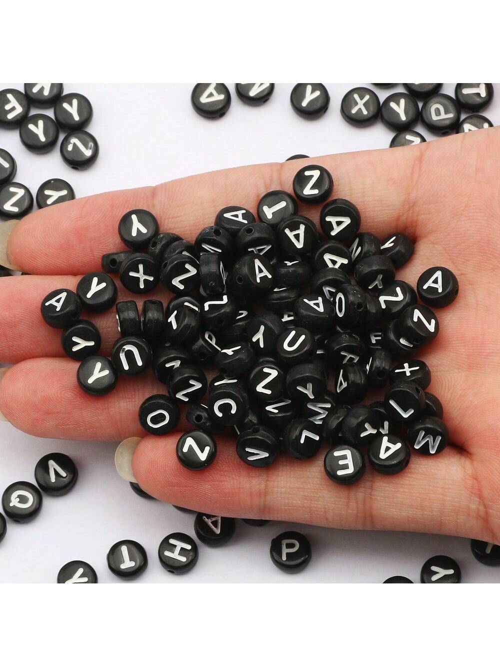 100pcs 7mm Black Color Letter Acrylic Beads Round Flat Alphabet Loose Spacer Beads For Jewelry Making Handmade Diy Bracelet Accessories-Black-1