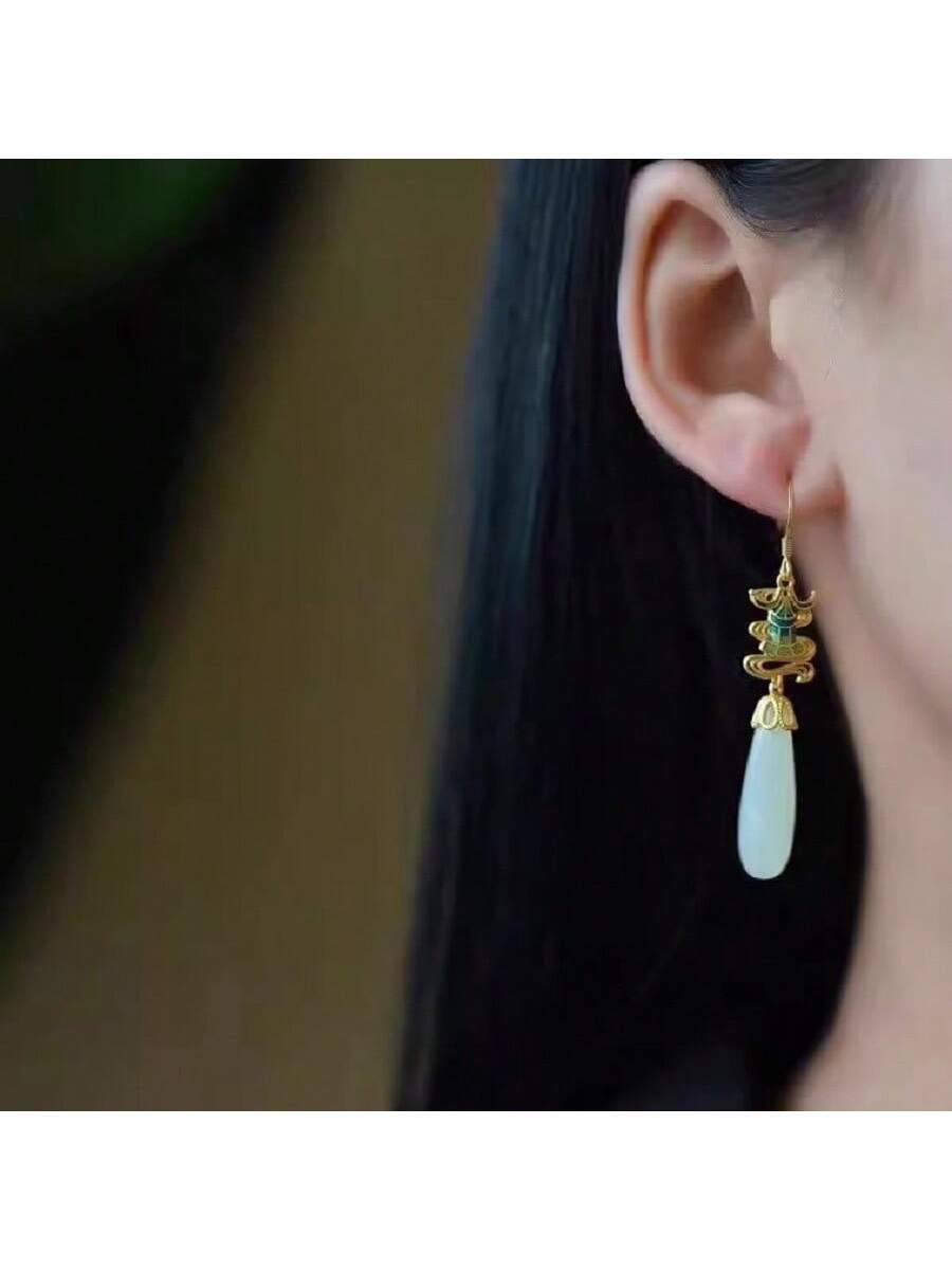 White Jade Teardrop Shaped Earrings, Retro Palace Style Chinese Earrings That Show Slimming Face-Gold-1