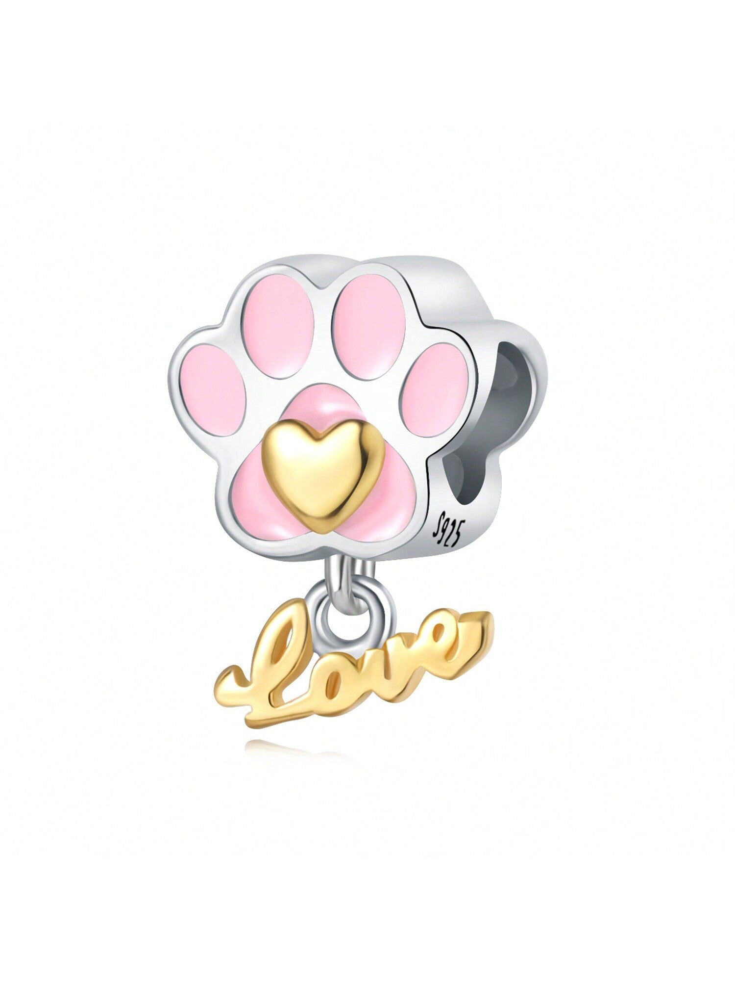 1pc Silver Plated Love Heart & Letter 'Love' & Dog Paw Shaped Beaded Charm For Diy Bracelet & Necklace, Great Gift For Sisters-Apricot-1