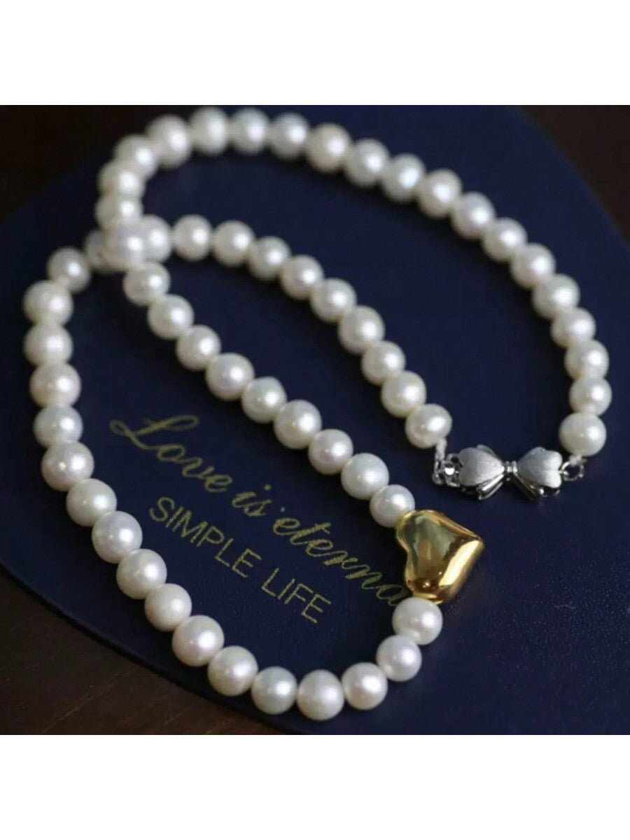 1pc Natural Freshwater Pearl With 18k Gold Heart And Bowknot Clasp, 7-8mm Pearl, Suitable For Daily Wear And Parties, With Gift Box, Ideal For Birthday/Anniversary/Wedding/Valentine's Day Gifts, Perfect For Him/Her--1