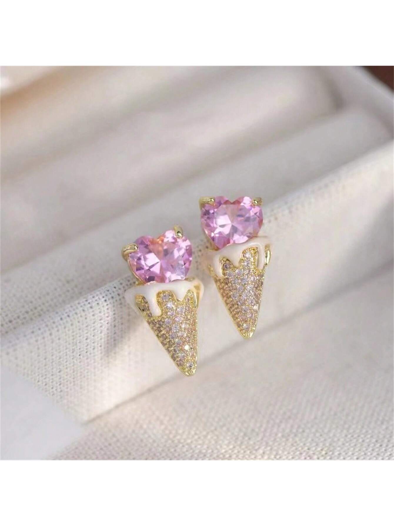 1pc Fashionable 925 Sterling Silver Ice-Cream Shaped Heart Stud Earring With Cubic Zirconia, Perfect For Women's Daily Wear-Yellow Gold-1