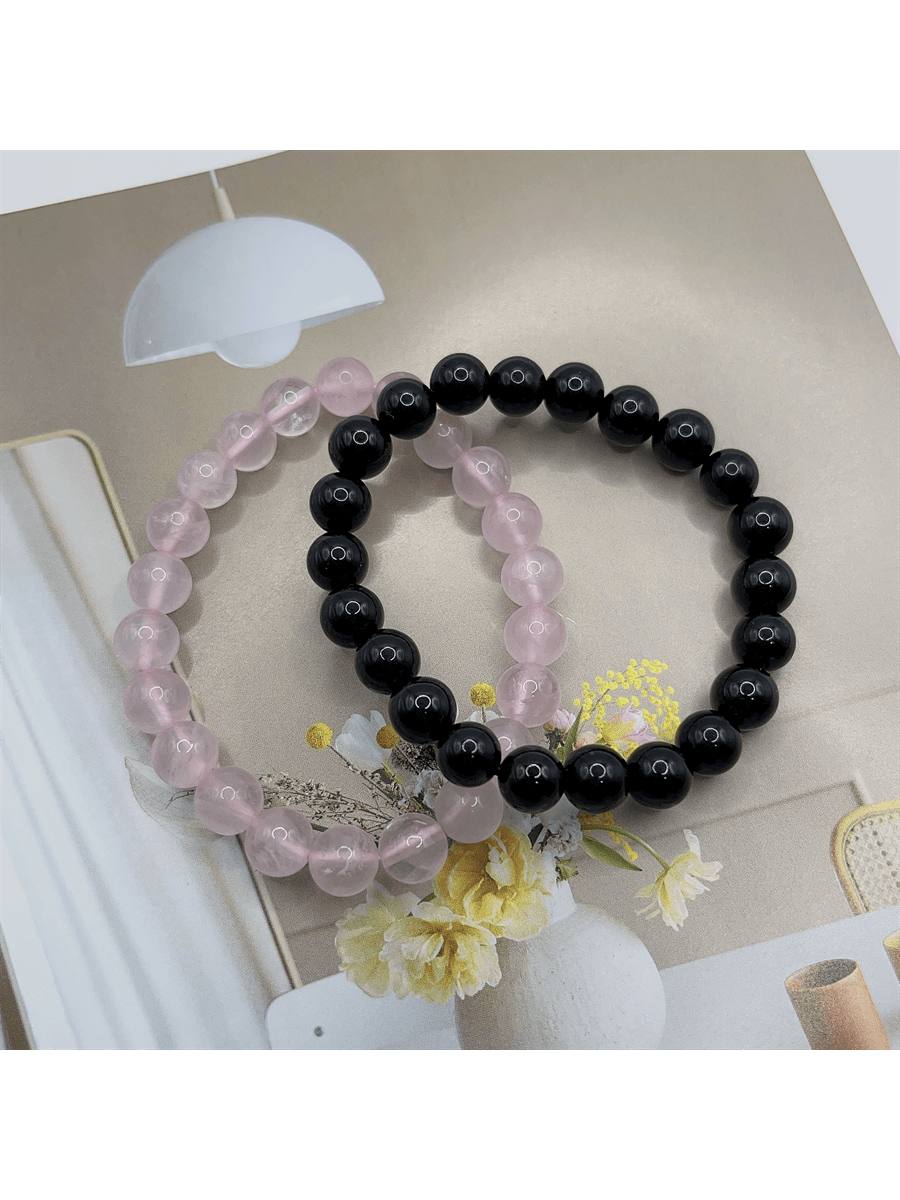 2pcs Crystal Beaded Bracelet, 8mm Natural Rose Quartz & Black Obsidian Stone Beads, Fashionable Couple Beaded Bracelet-Multicolor-1