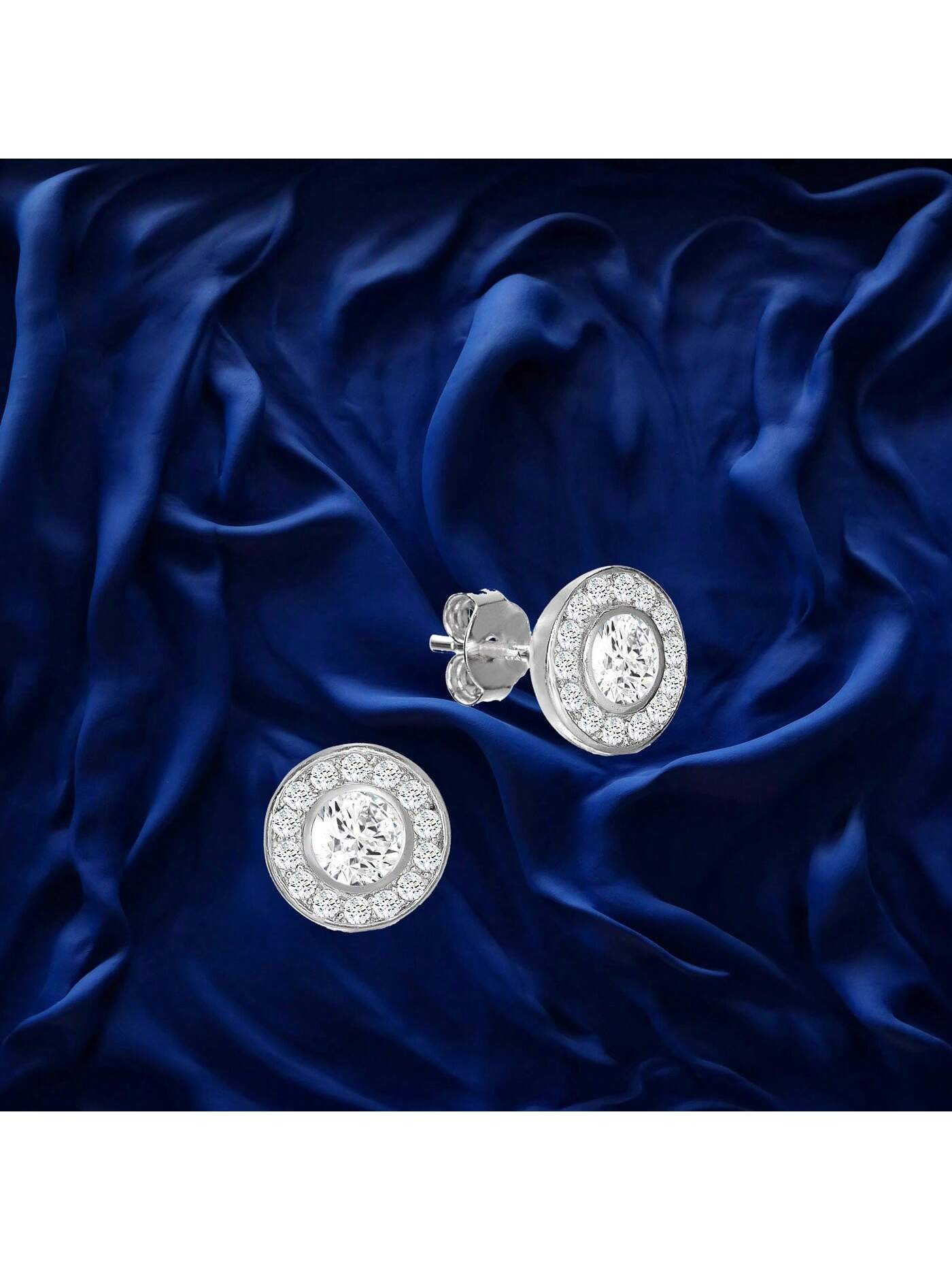 "Shimmer In Style: C.Z. Sterling Silver Rhodium Plated Round Earrings, The Perfect Addition To Your Jewelry Collection!-Silver-1