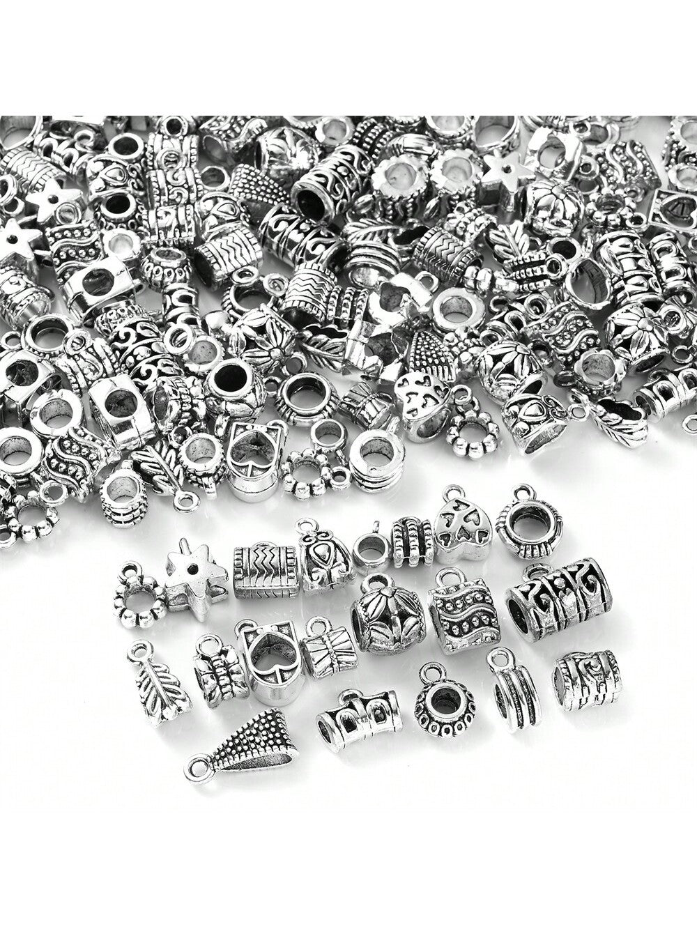 50g/Packing Silvery Assorted Bail Slider Hanger Dangle Spacer Beads With Loop, Mix Expandable Charms Bracelet Bangle Making--1