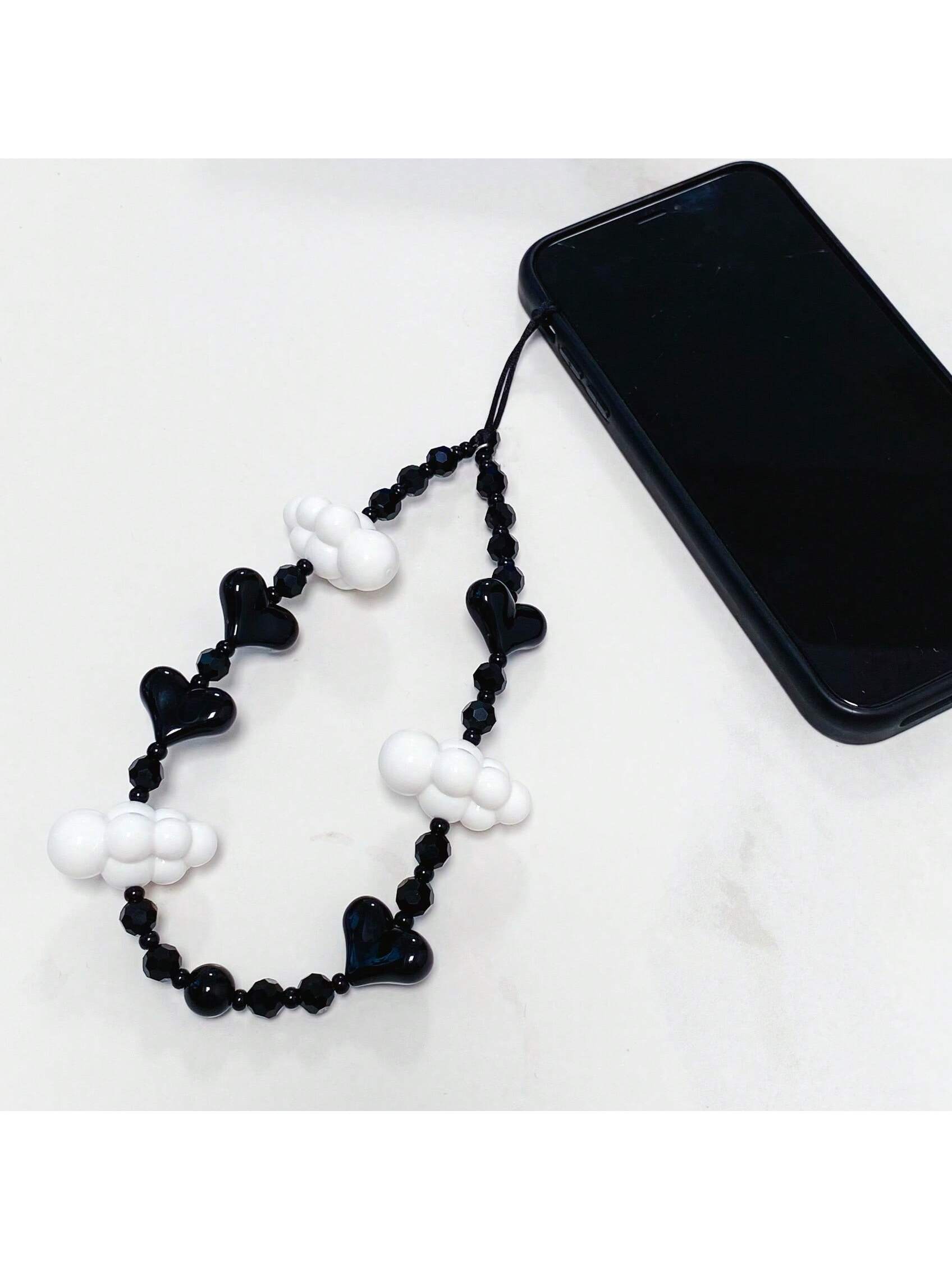 Autumn And Winter Black Gothic Style Love Heart Shaped Phone Strap For Girls, Best Friends White Beaded Phone Lanyard And Phone Case Decoration-Apricot-1