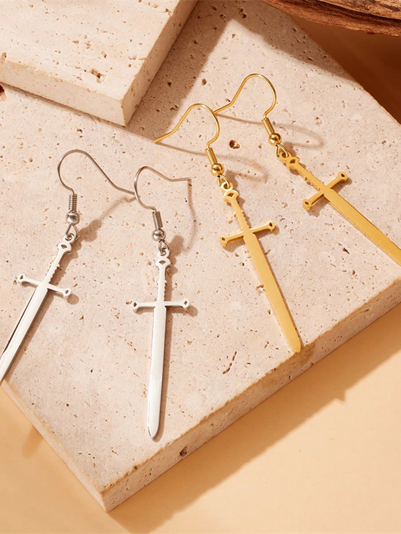 1pair Gold-Plated Titanium Steel Cross & Sword Pendant Accessory Earrings--1