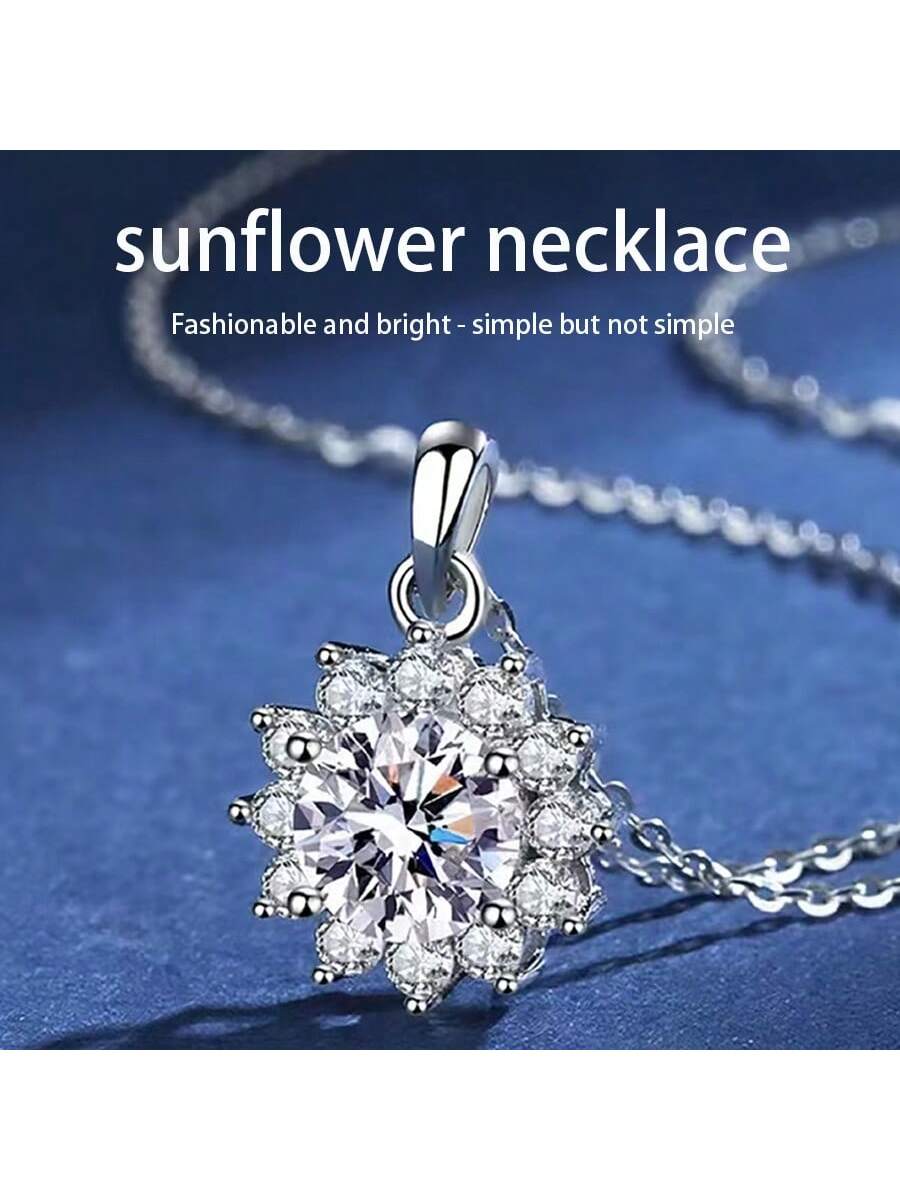 1 Piece S925 Sterling Silver Sunflower Style Moissanite Pendant Necklace For Women Fashion Personality Original High-End Accessories Gift--1