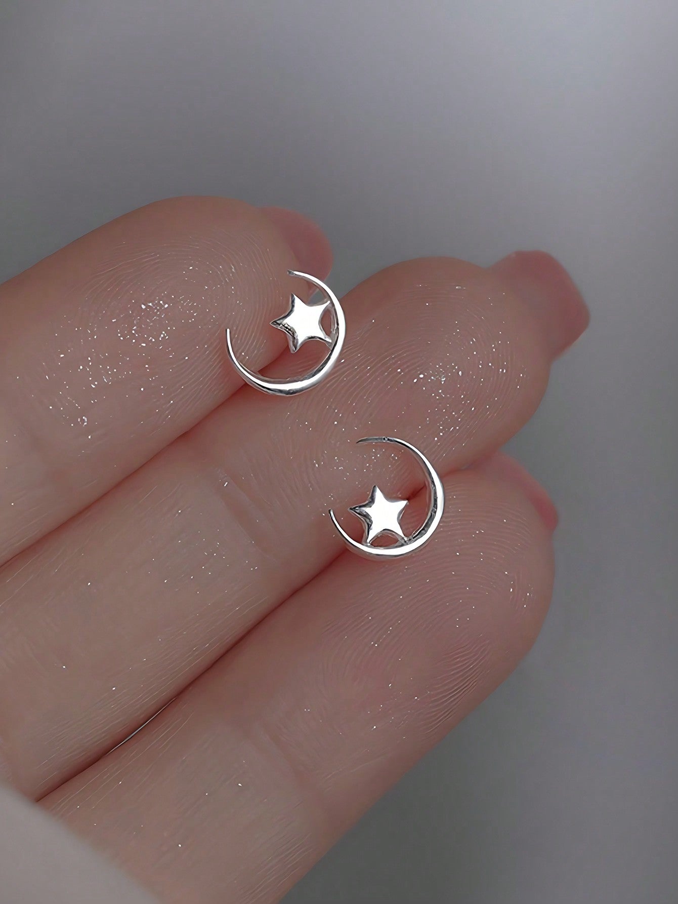 1 Pair Of 925 Sterling Silver Star Moon Stud Earrings Hypoallergenic Ear Piercing Jewelry-Multicolor-1