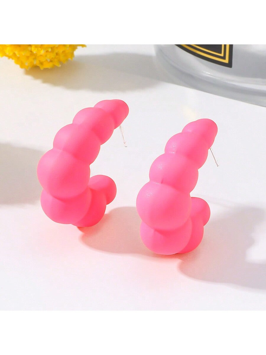 1pair Fashionable Personality Half Circle Hollow Out Ccb Spray Paint Stud Earrings-Hot Pink-1