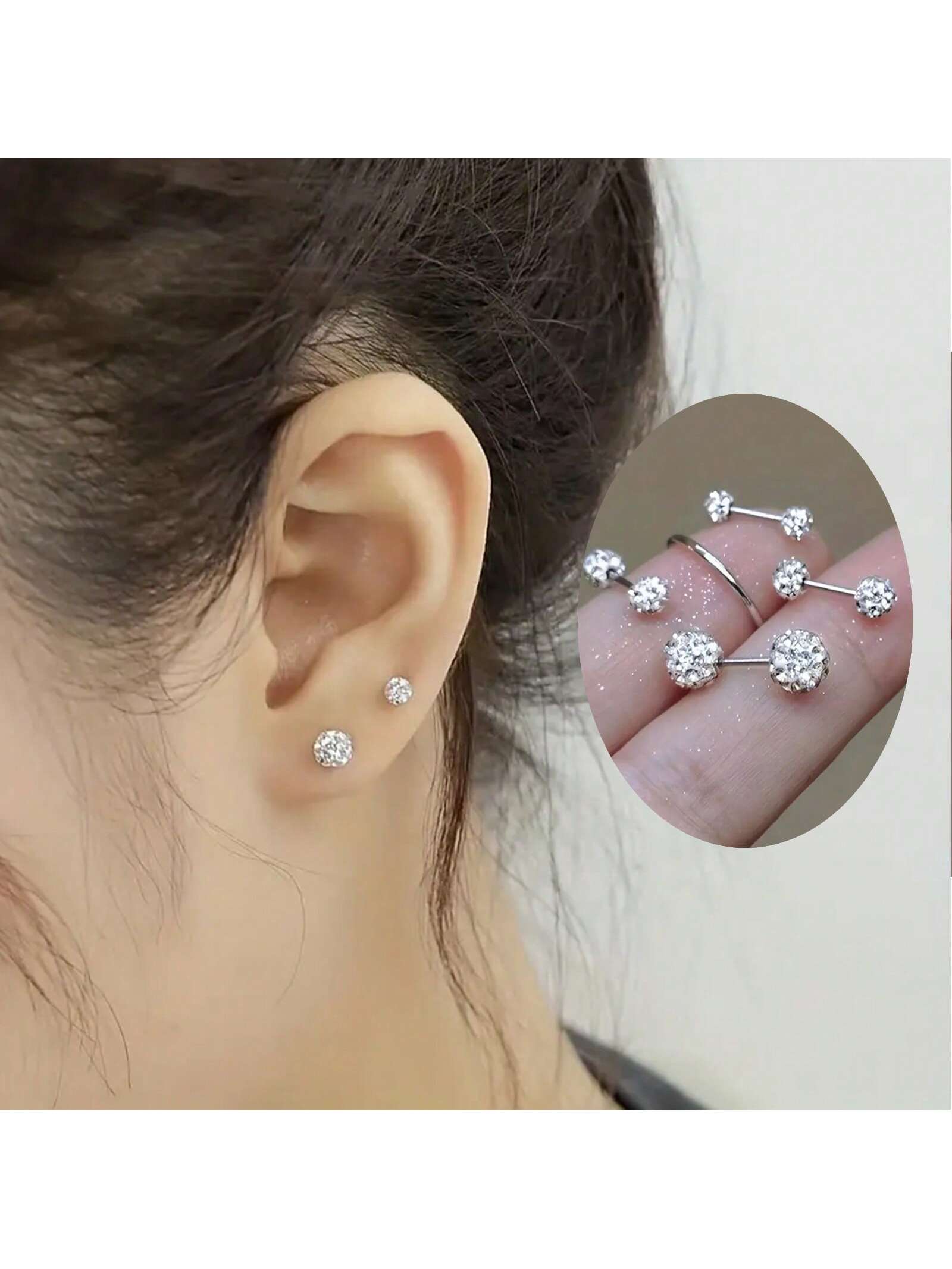 1 Pair 3/4/6mm Sparkling Round Artificial Diamond Double-Headed Stud Earrings Threaded Piercing Earrings For Teen Girls For Daily Decoration-Silver-1