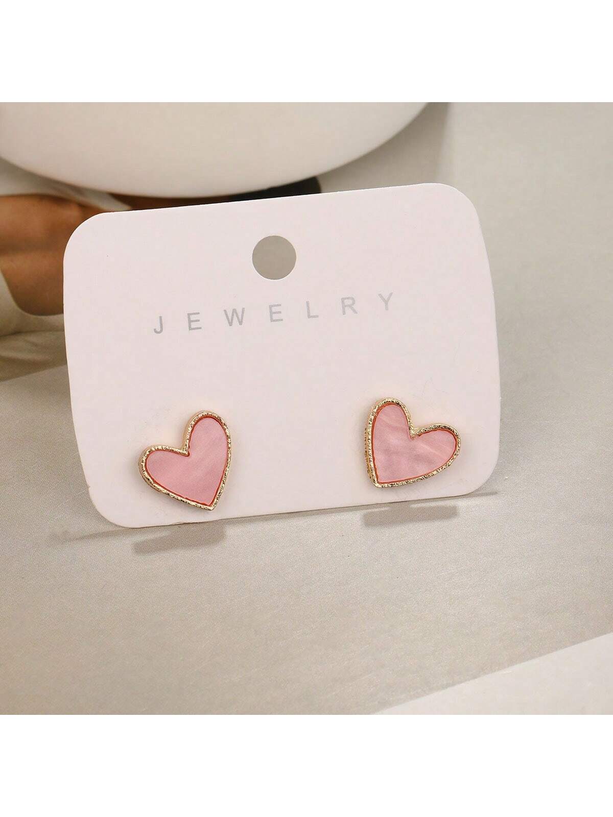 1pair Women's Cross-Border Creative & Simple & Elegant Pink Blue Heart Shaped Stud Earrings, Delicate & High-End Design, Unique Heart Earrings-Pink-1