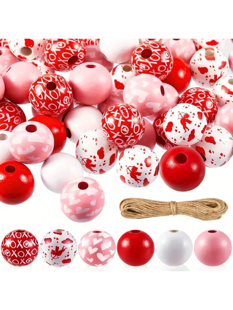 60/120pcs Valentine's Day Cupid Heart Shaped Wooden Beads With Rope, Diy Wood Bead Craft Supplies For Bracelet, Necklace, Gift Making-Red-1