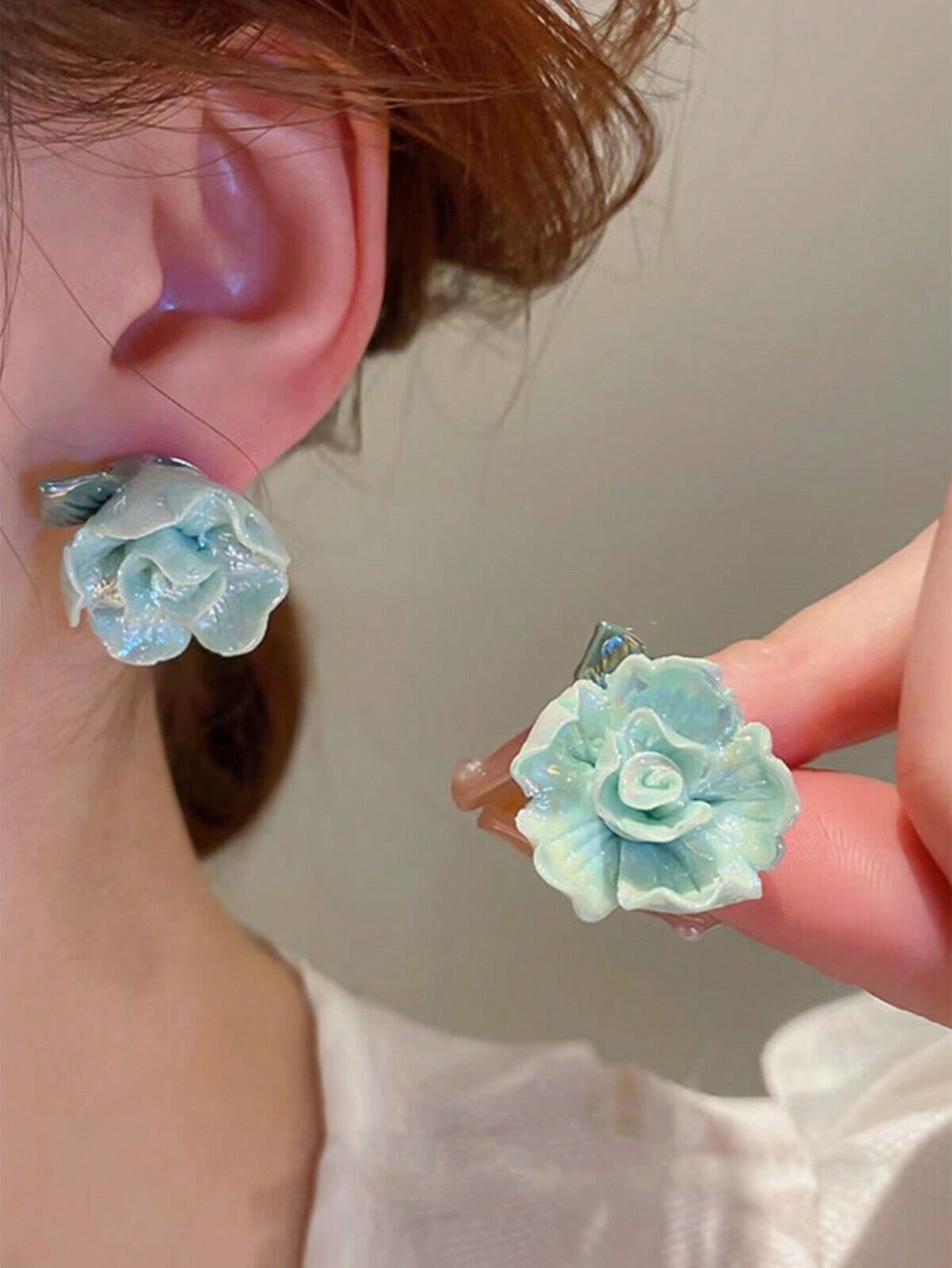 1pair Colorful Ceramic Flower & Green Leaf Stud Earrings, Exaggerated Sweet Design, Delicate & Gorgeous Women'S Jewelry--1