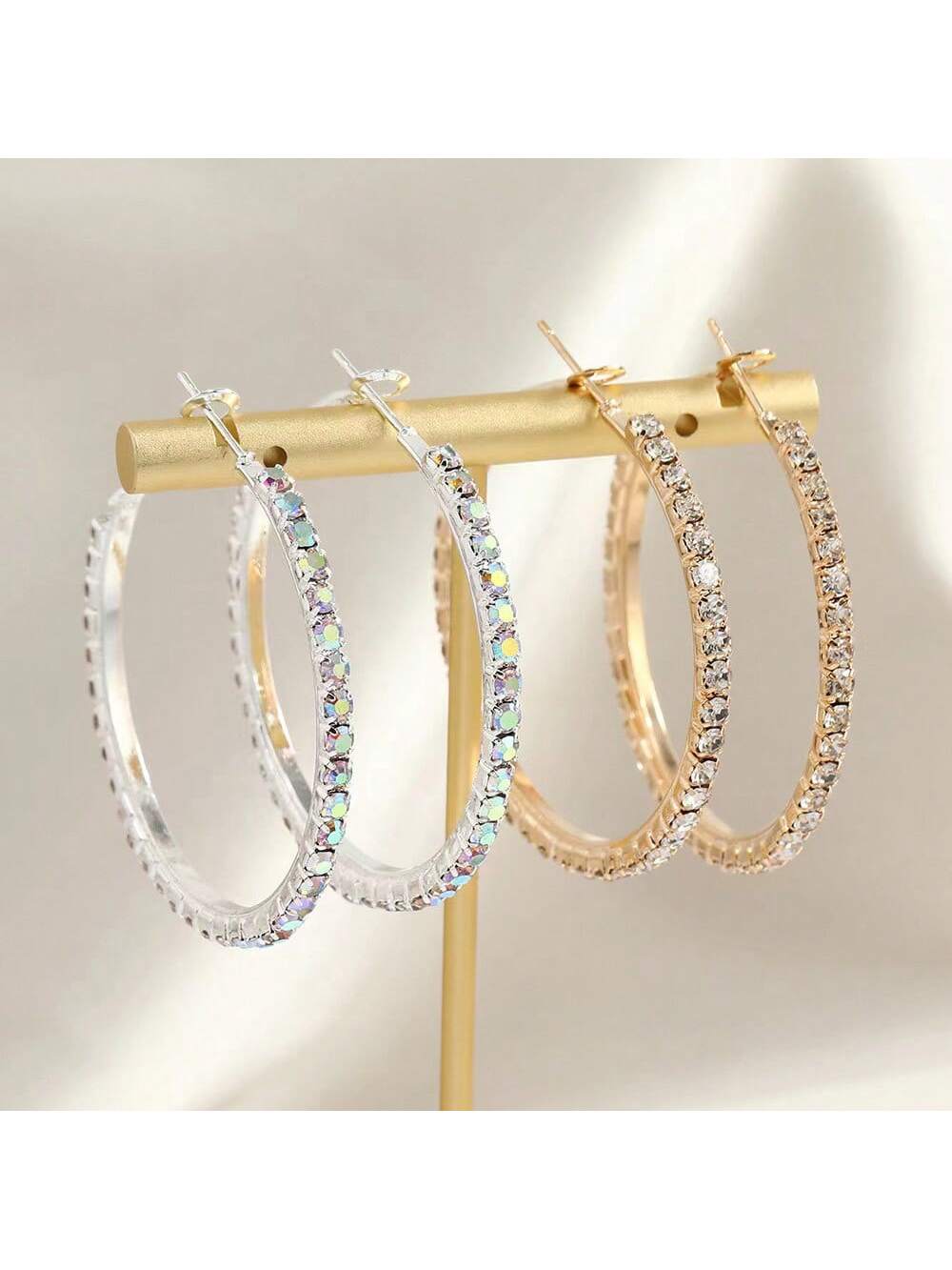 1pair Ins Cold Tone Light Luxury Rhinestone Inlaid C-Shaped Hoop Earrings For Women, Suitable For Daily Wear-Silver-1