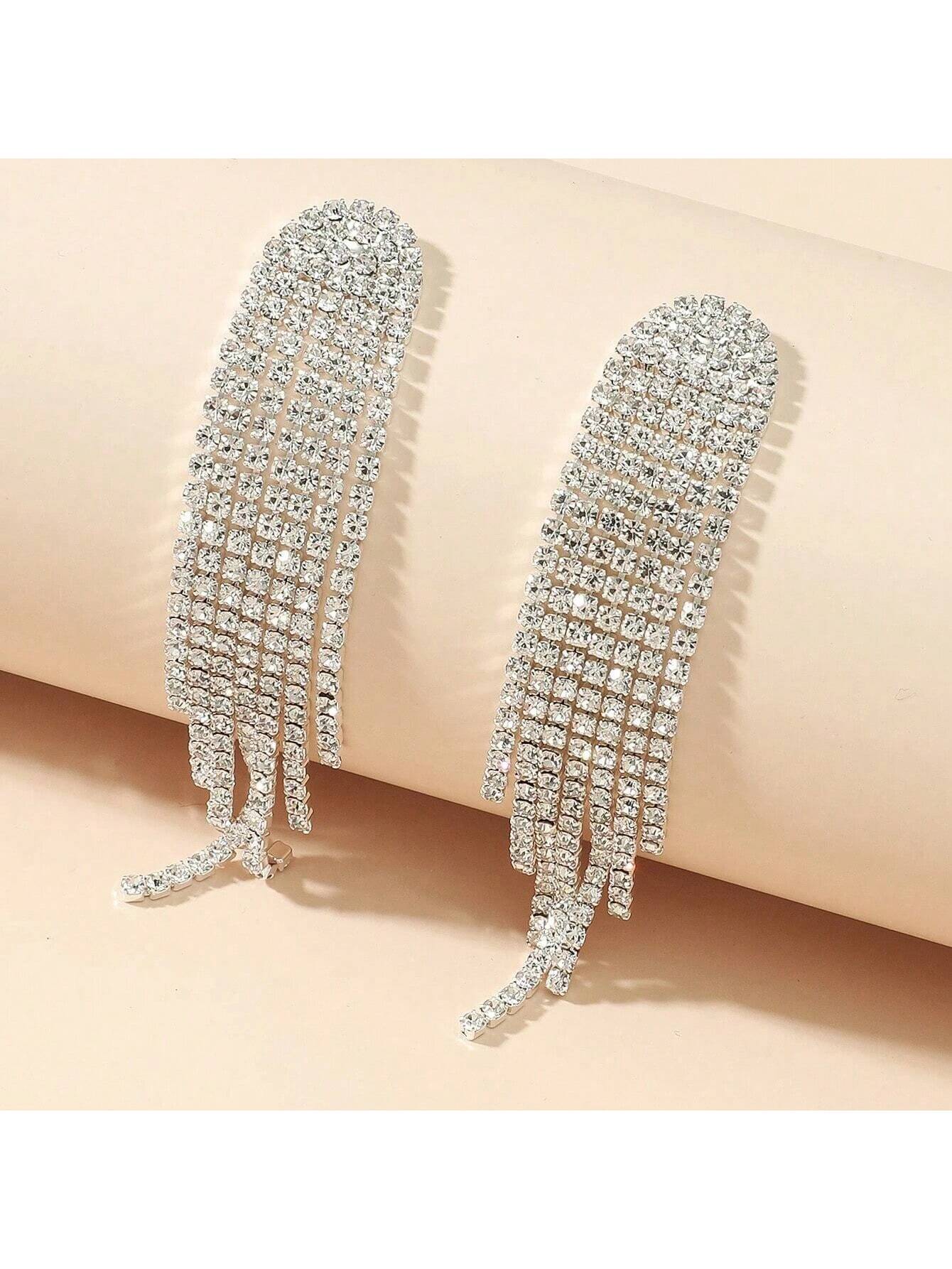 1pair Fashionable Geometric Earrings With Long Rhinestone Tassel Hanging, Ideal For Bridal Wedding Party-Silver-1