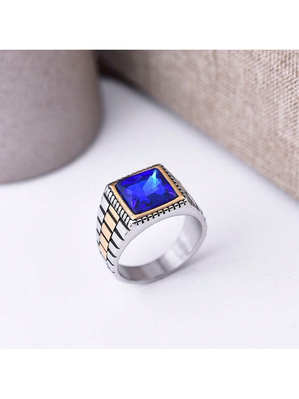 Valentine's Day Gift For Couples, Unisex Large Size Retro Square Shaped Designer Fashion Ring With Unique Cool Personality-Navy Blue-1