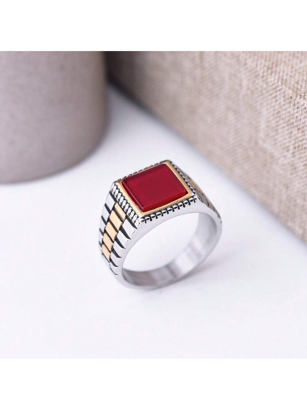 Valentine's Day Gift, Couple'S Ring, Retro Designer Square Ring, Uncommon, Large Size, Vintage And Cool Style, Unisex-Burgundy-1