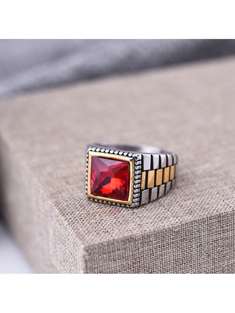 Valentine's Day Couples Ring, Unisex Large Size, Unique Designer Vintage Square Shape, Retro Style, Trendy And Cool Personalized Jewelry-Rose Red-1