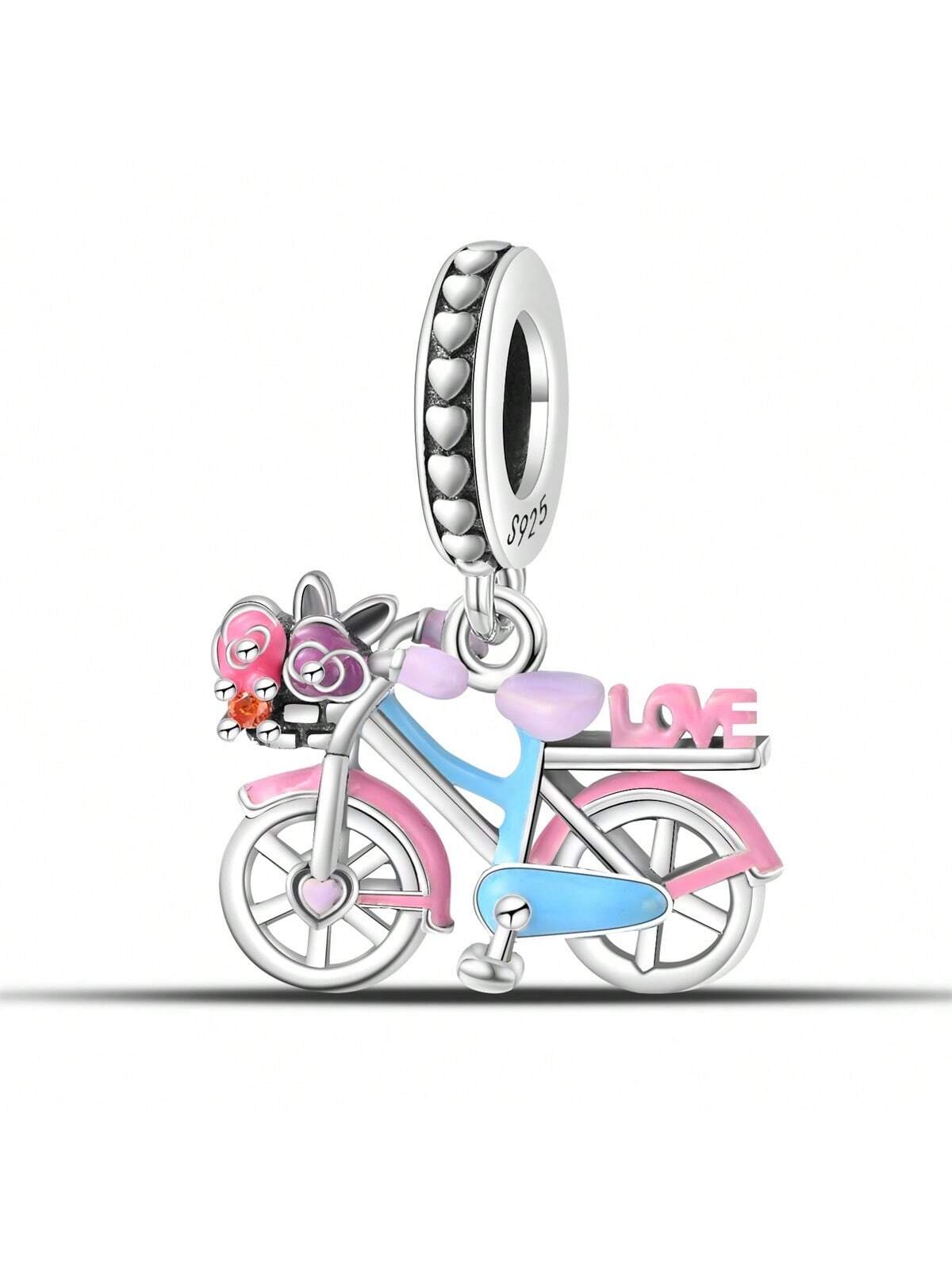 1pc 925 Silver Original Design Bicycle With Bouquet Of Flowers Love Letters Beaded Charm, Suitable For Bracelets & Necklaces. Perfect As A New Year Gift.-Silver-1