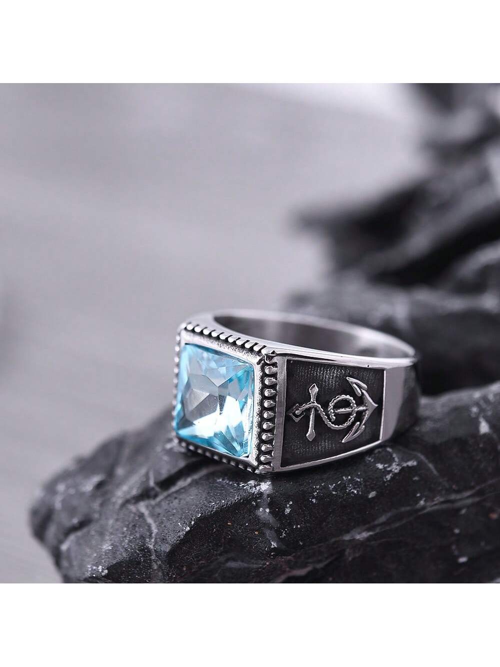 Valentine's Day Gifts Couple Rings Men And Women Large-Size Vintage Square-Shaped Designer Retro & Cool Personality-Baby Blue-1