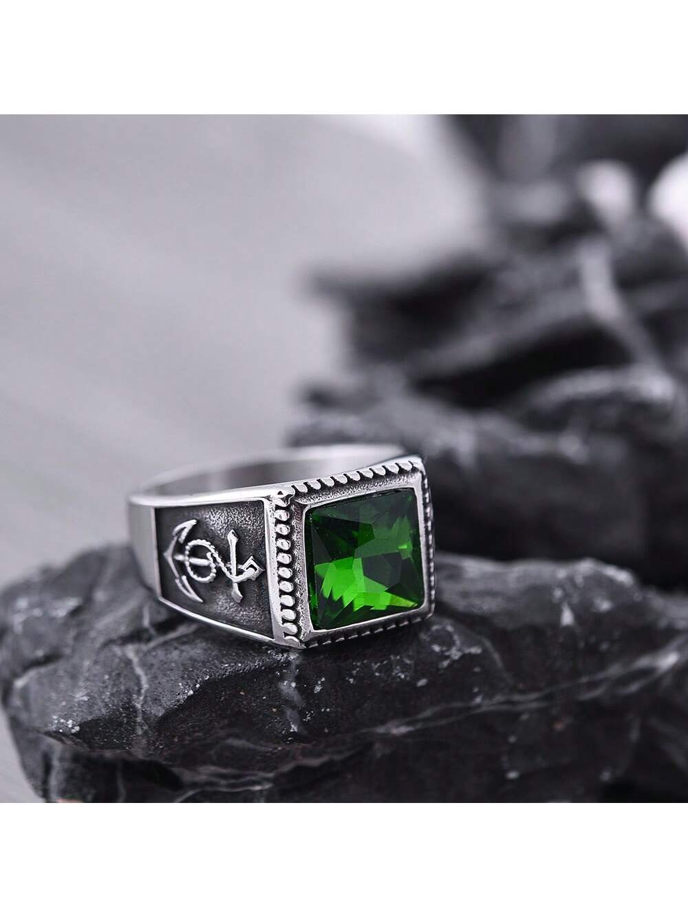 Valentine's Day Couple Ring Unique Symbol Design Retro Square Shape Trendy Personalized Men And Women Ring-Dark Green-1