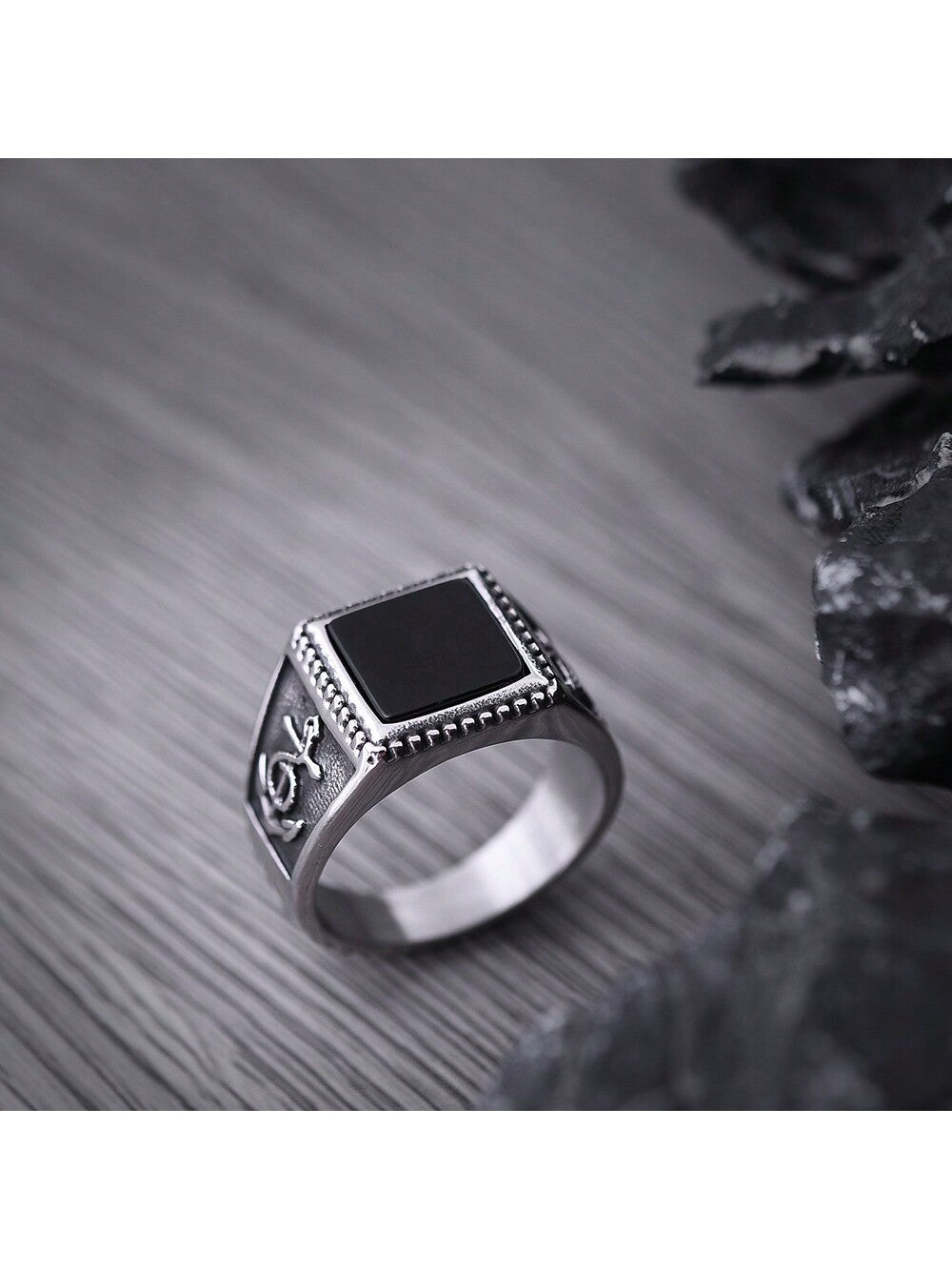 Valentine's Day Gift Couples Ring Band, Vintage Square Shaped Design With Unique Symbol, Unisex, Cool Style-Black-1