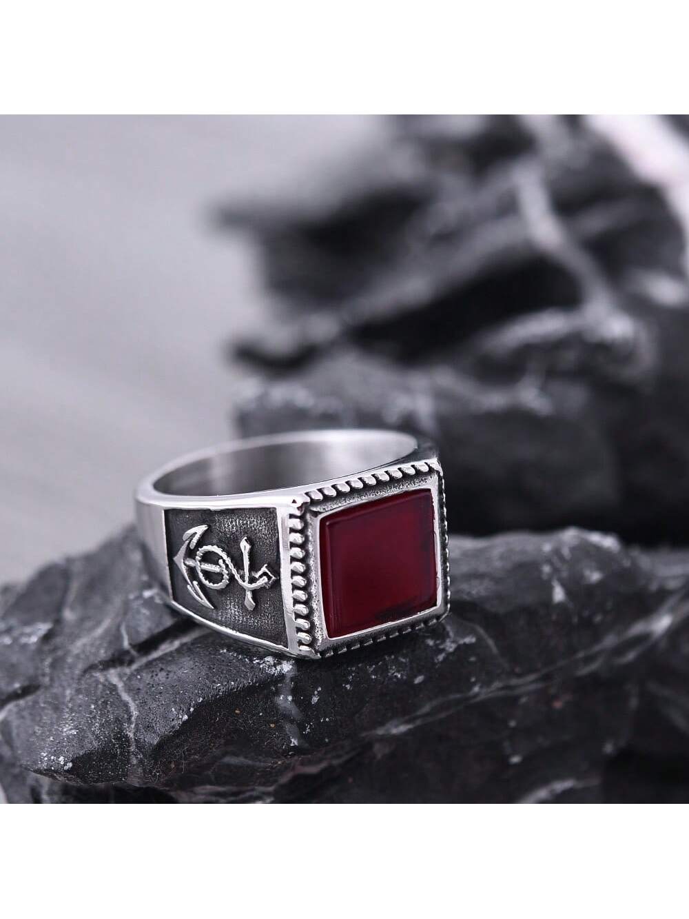 Valentine's Day Gift Couples Symbol Ring, Unisex Big Size With Unique Designer Vintage Square Shape, Retro Style Cool Personality-Burgundy-1