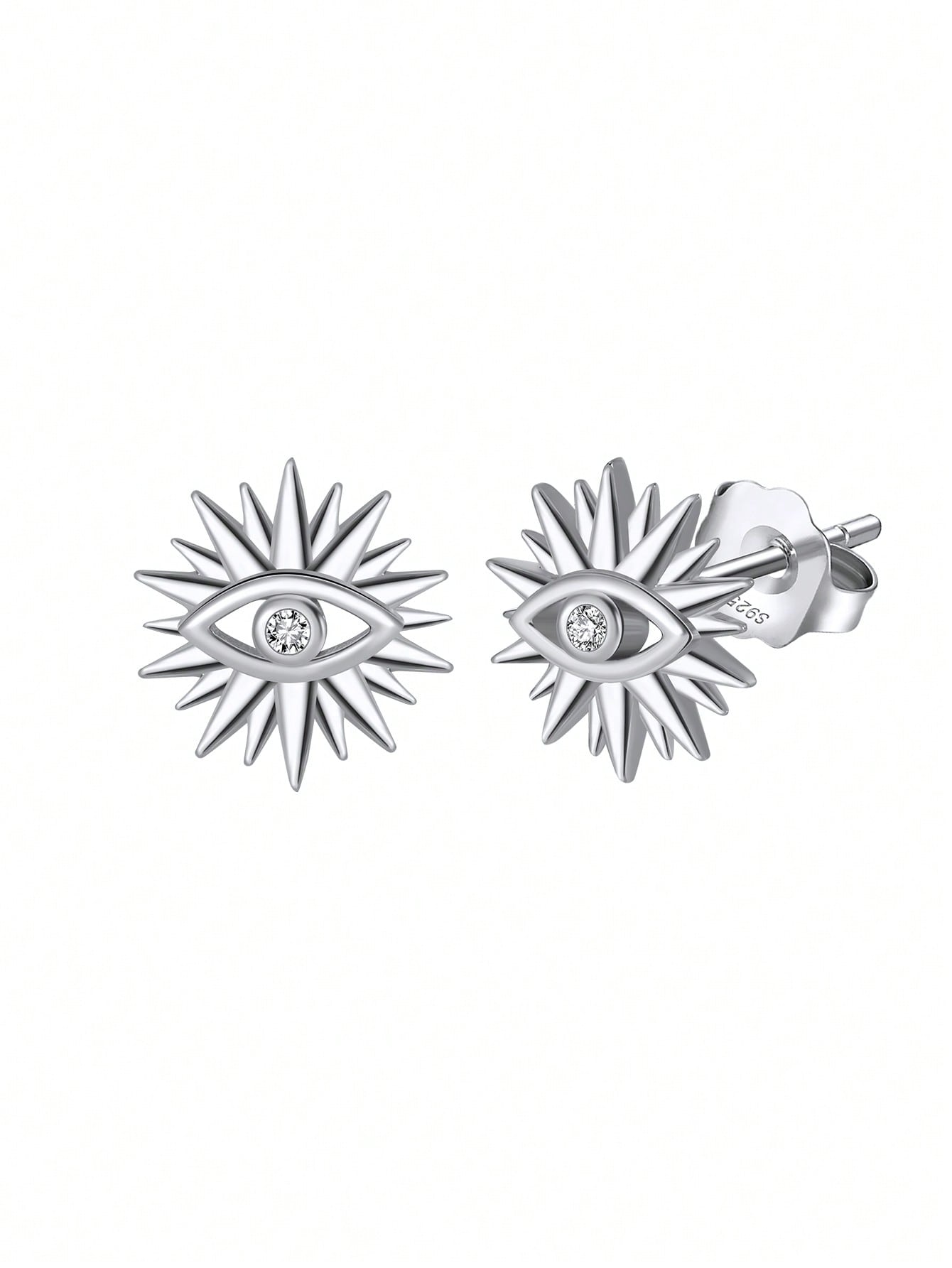 1 Pair Genuine 925 Sterling Silver Classic Evil Eye Stud Earrings With Cubic Zirconia Jewelry Women Simple Small Flower Stud Earrings Preferred Gift For Wedding Engagement Party Woman Girls Daily Wearing Jewelry-Silver-1