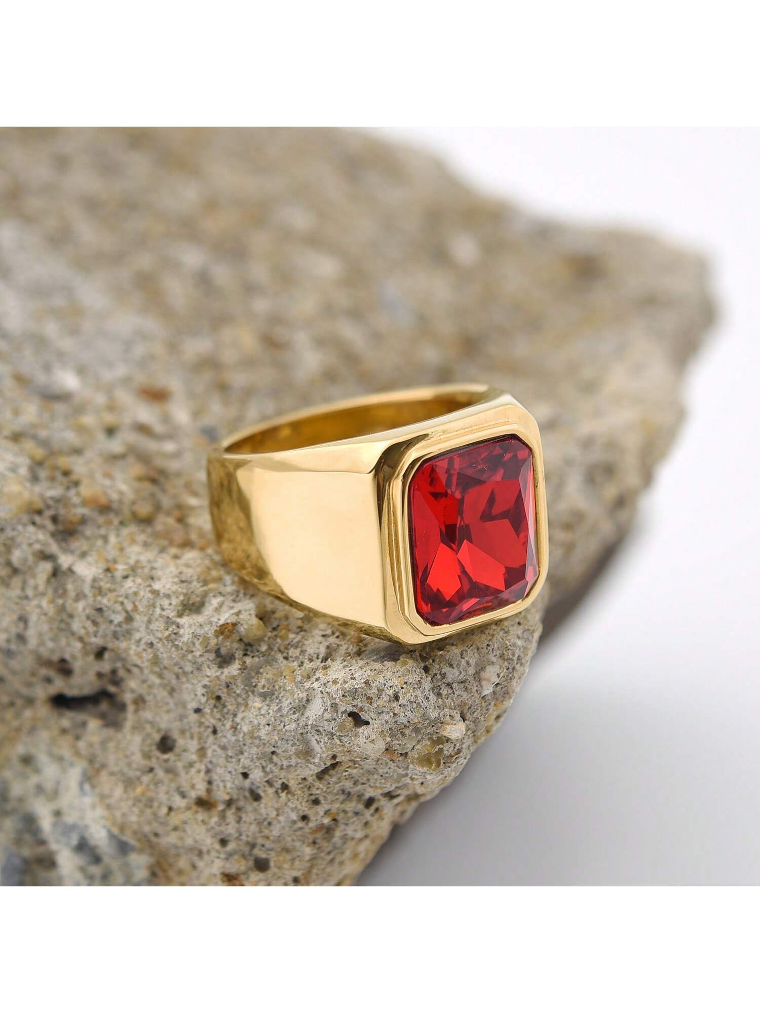 Valentine's Day Gift Couples Ring - Golden Glossy Texture With Large Uncommon Designer Vintage Square Style For Men/Women And Unique Cool Personality.-Rose Red-1