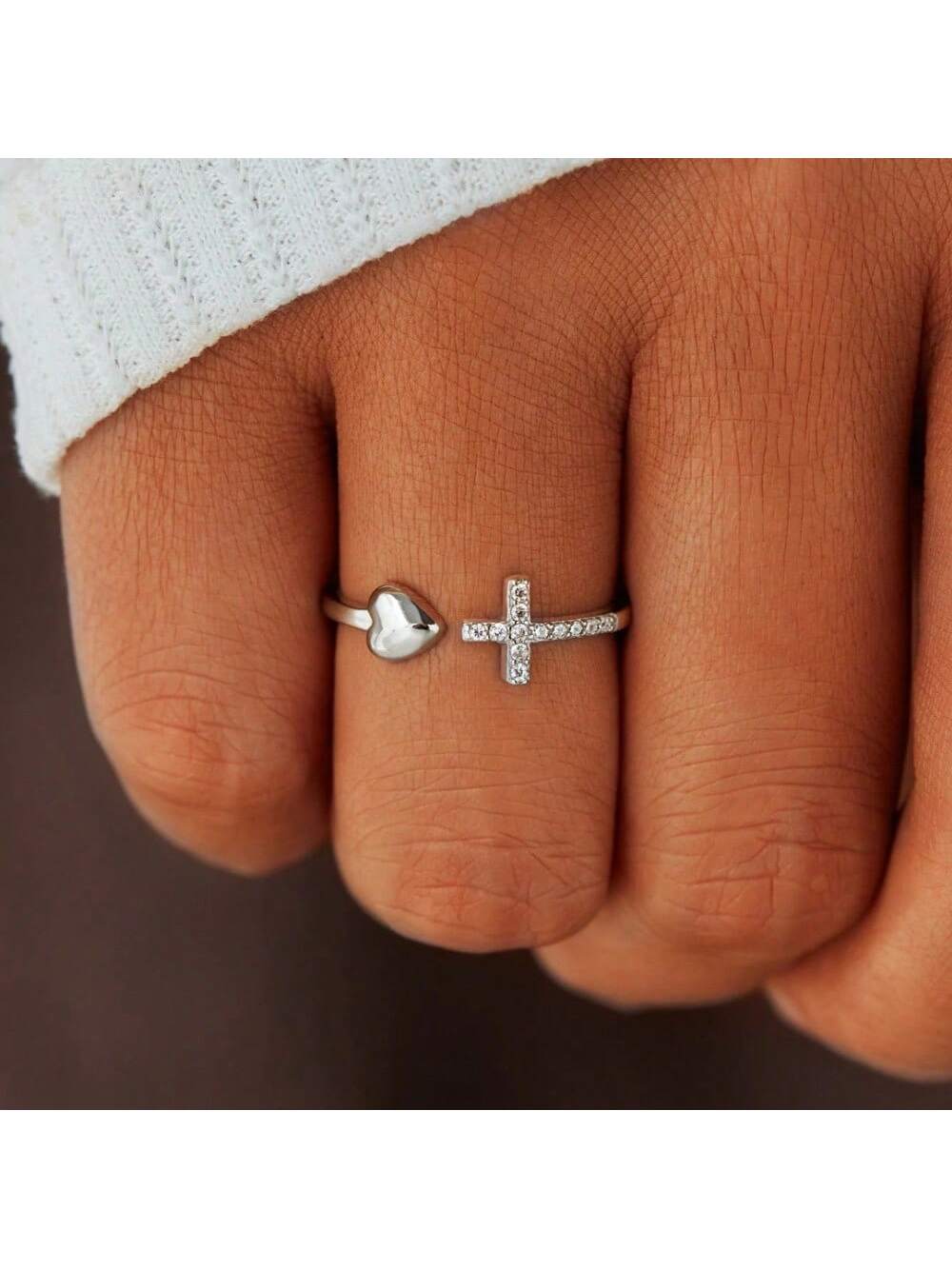 Women's Cross Heart Ring Adorned With In Heart Shape Design, Adjustable-Silver-1