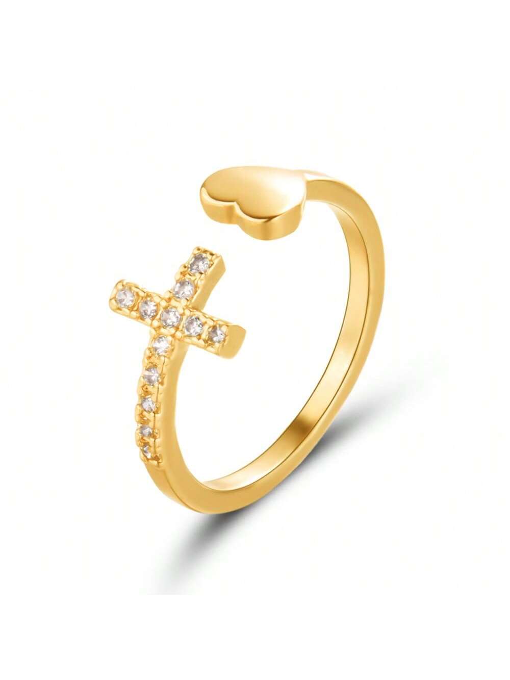 Women's Heart Shaped Crossover Ring With Crystal, Adjustable Opening-Gold-1