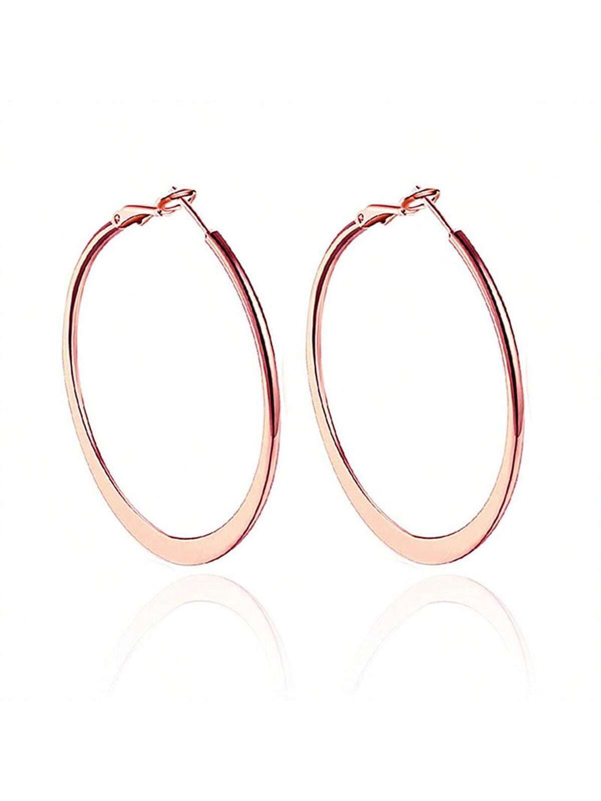 1pair Gold/Silver/Rose Gold Plated Flattened Circle Hoop Earrings, 2023 European And American Style Women's Personality Exaggerated Big Earrings-Rose Gold-1