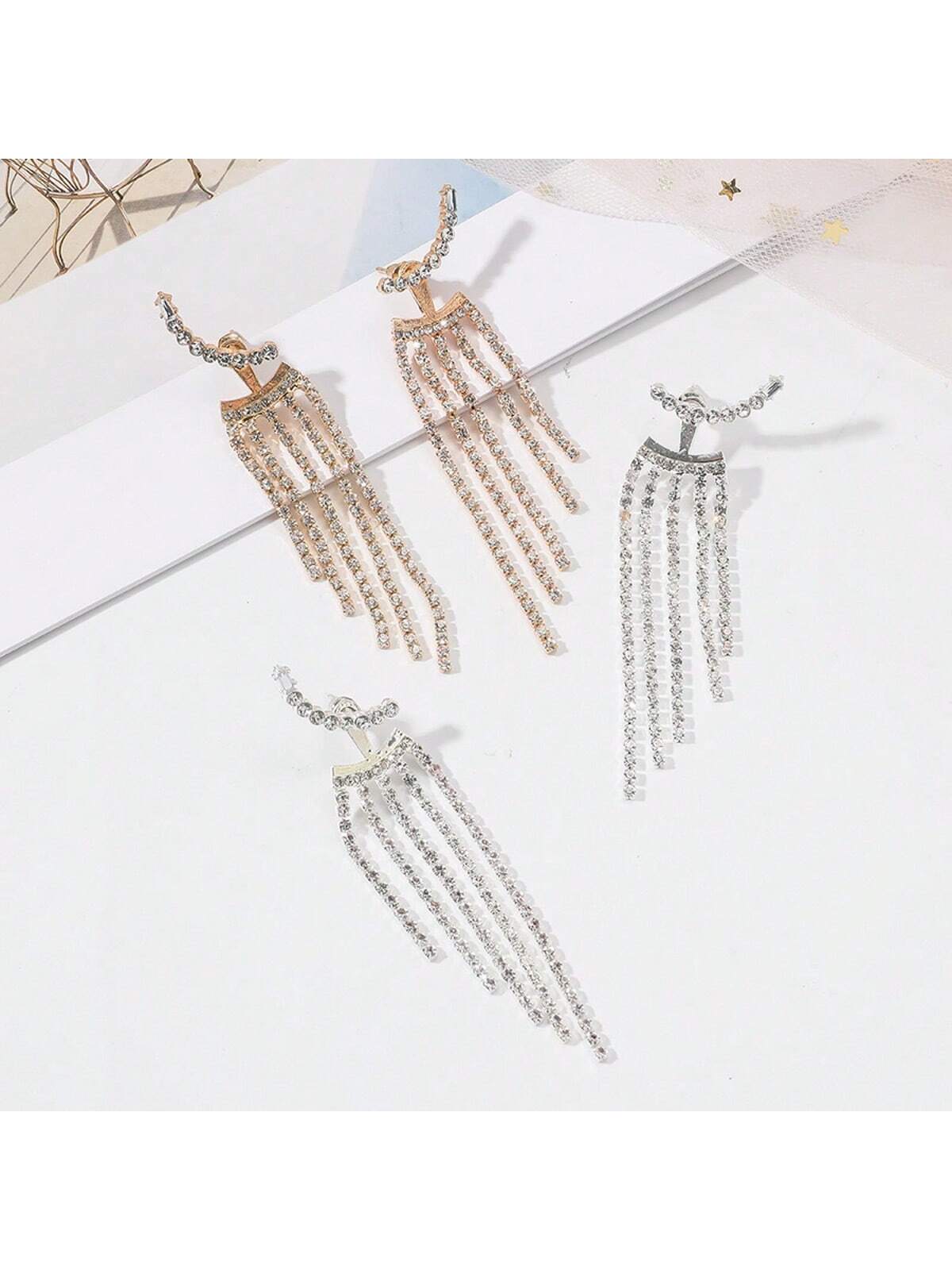 Wedding Party Clear Rhinestone Fringe Crystal Chain Dangle Fringe Earrings-Multicolor-1