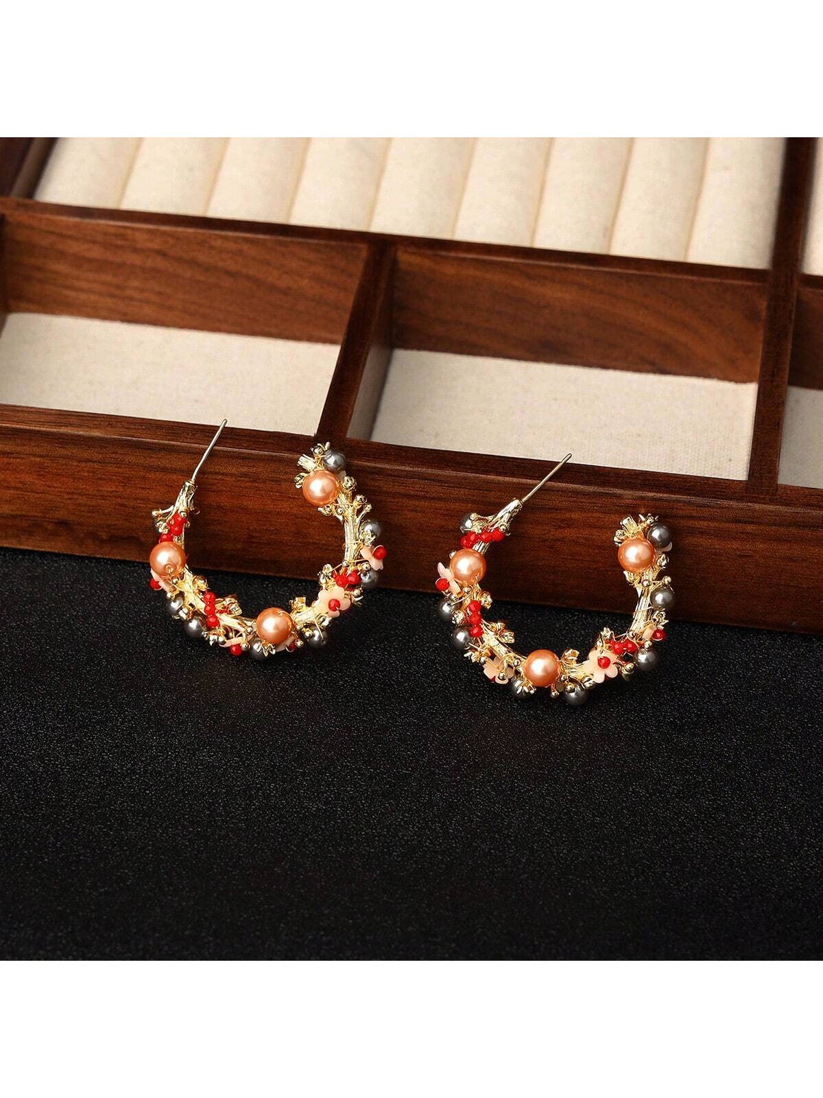 Vintage & Fashionable Handmade Crystal, Pearl, Flower Woven Earrings/Hoop Earrings In Various Styles, Suitable For Daily Wear And As Gifts For Festivals-Red-1